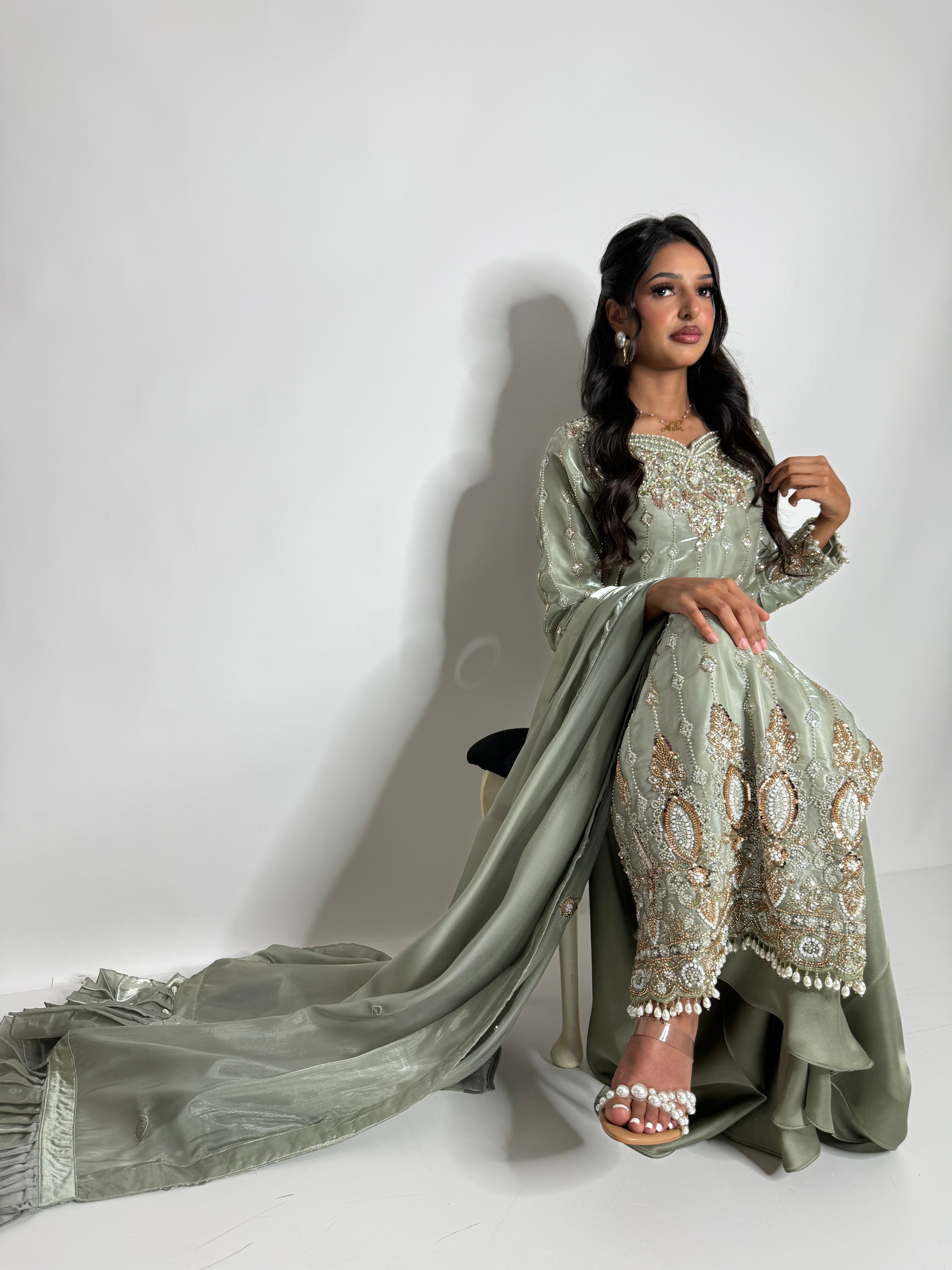 MAHZABIN | Sage Silk Sharara with Cutdana Embroidery
