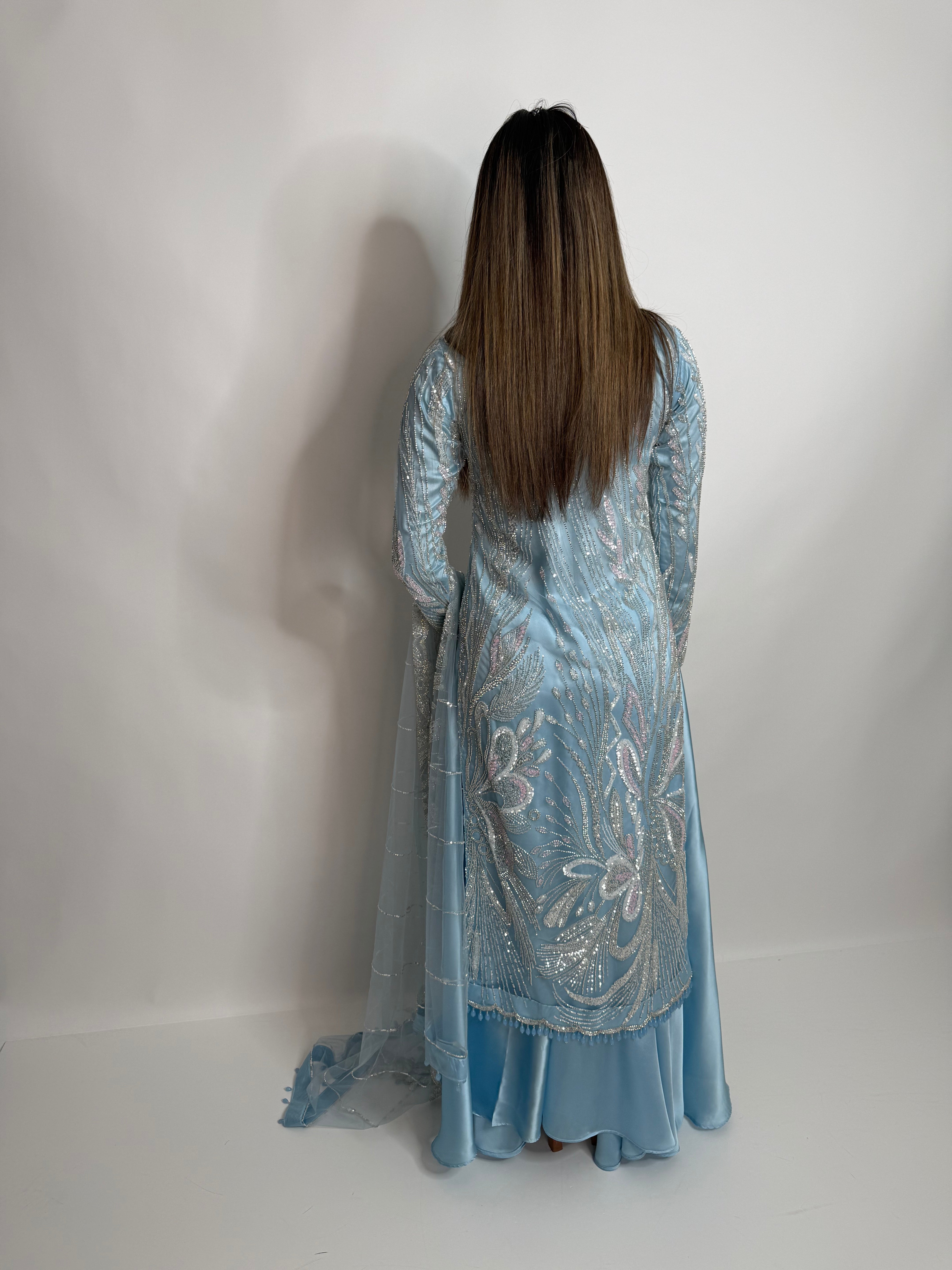 Ice Blue Cutdana Sharara Three Piece Suit UK | The Orlienne