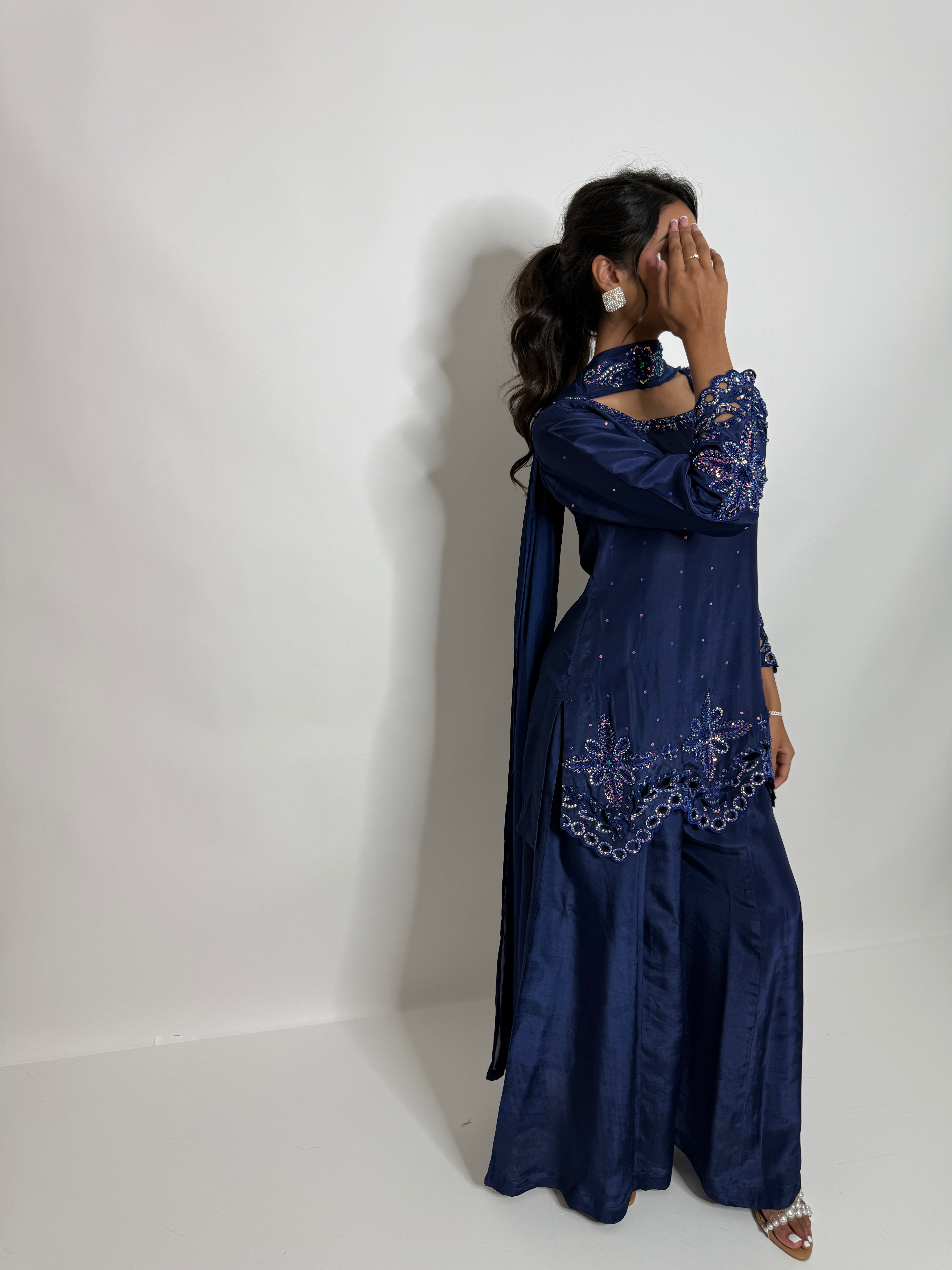 ZARMINA | Luxury Pakistani Navy Silk Sharara Suit UK | Wedding Guest, Eid & Formal Occasion Wear