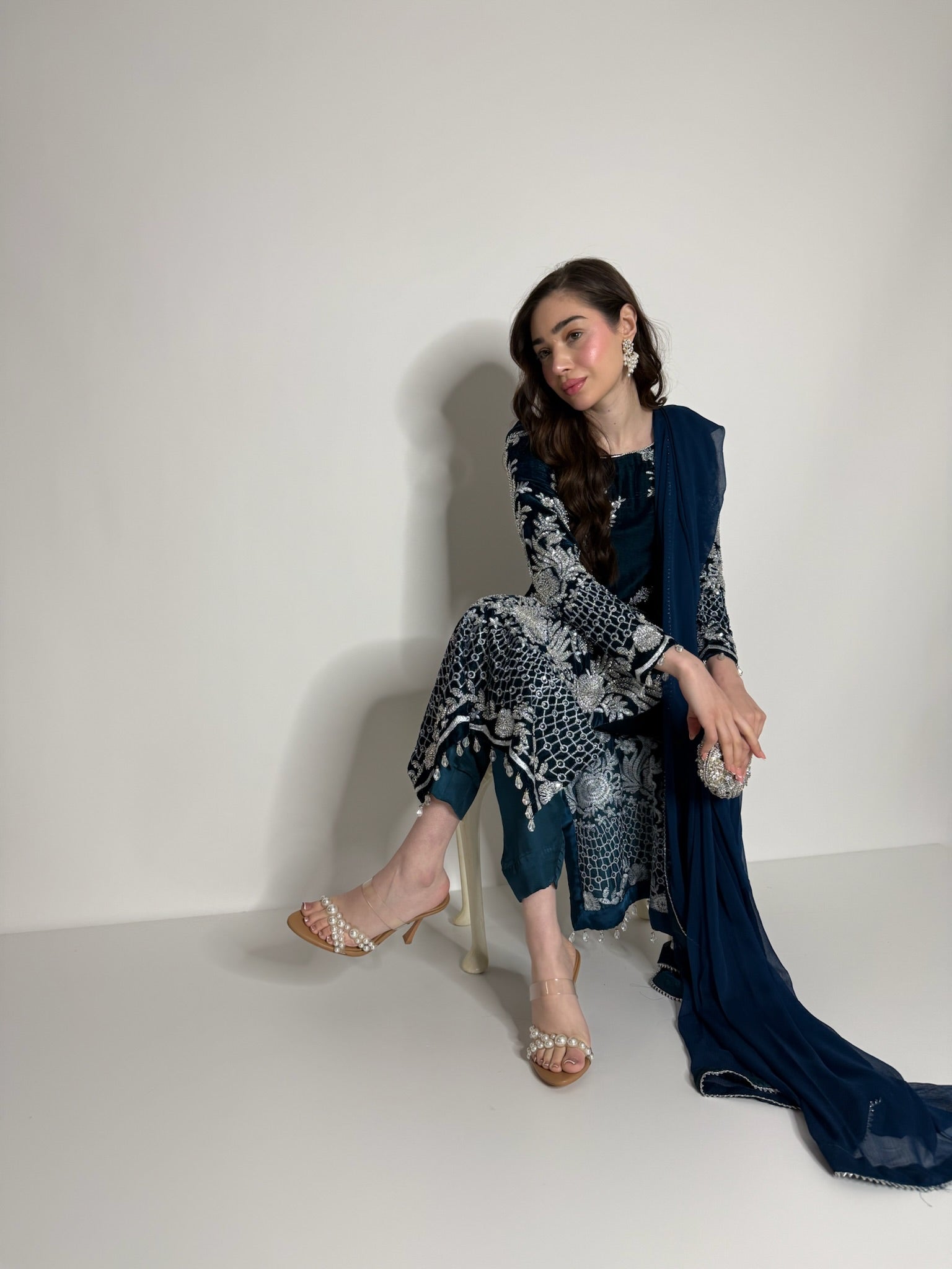 Regal Teal Nocturne | Cutdana Velvet Three Piece