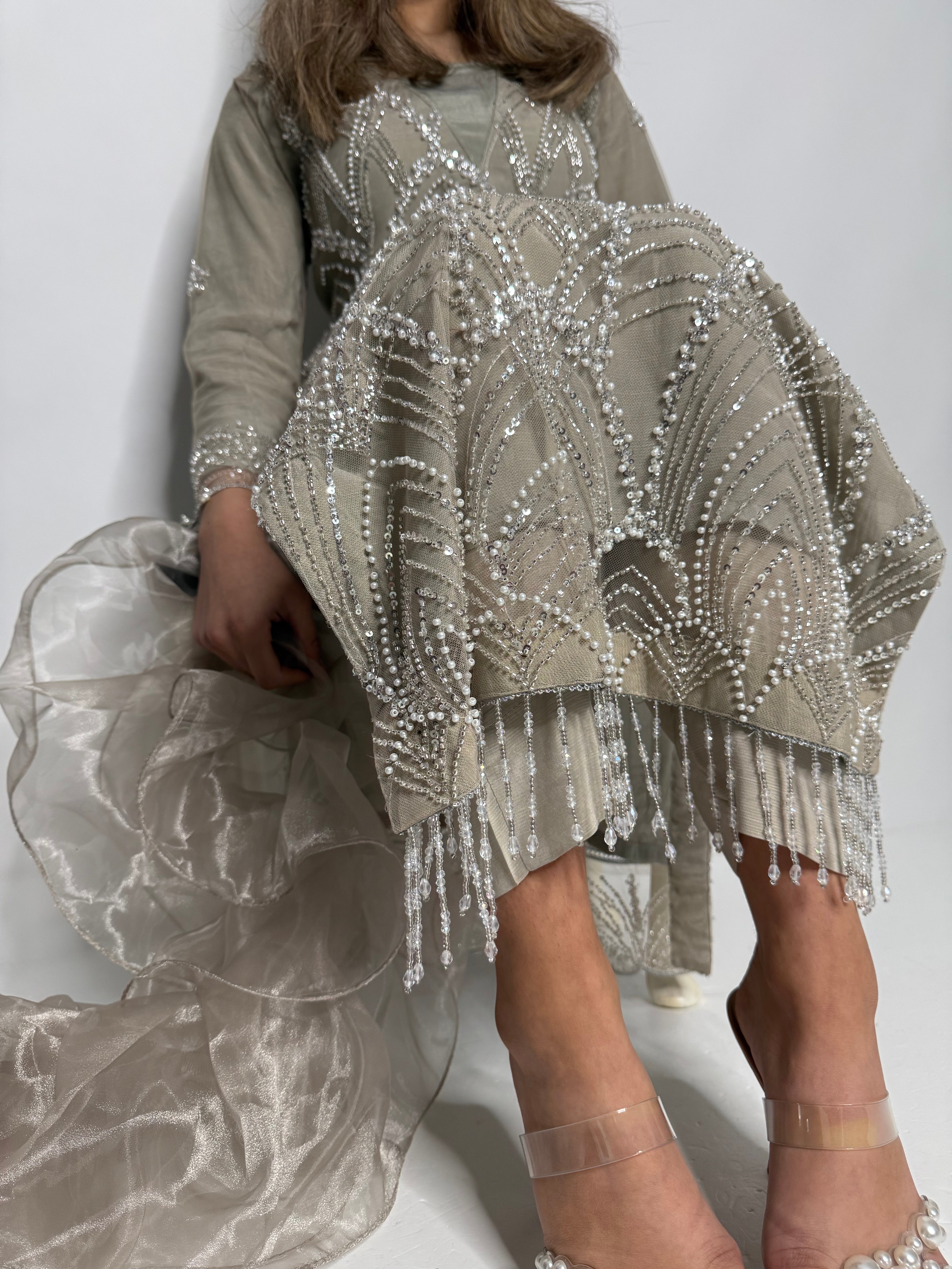 Silver Taupe Pearl Embellished Three Piece Suit UK | The Ameliyana Heirloom