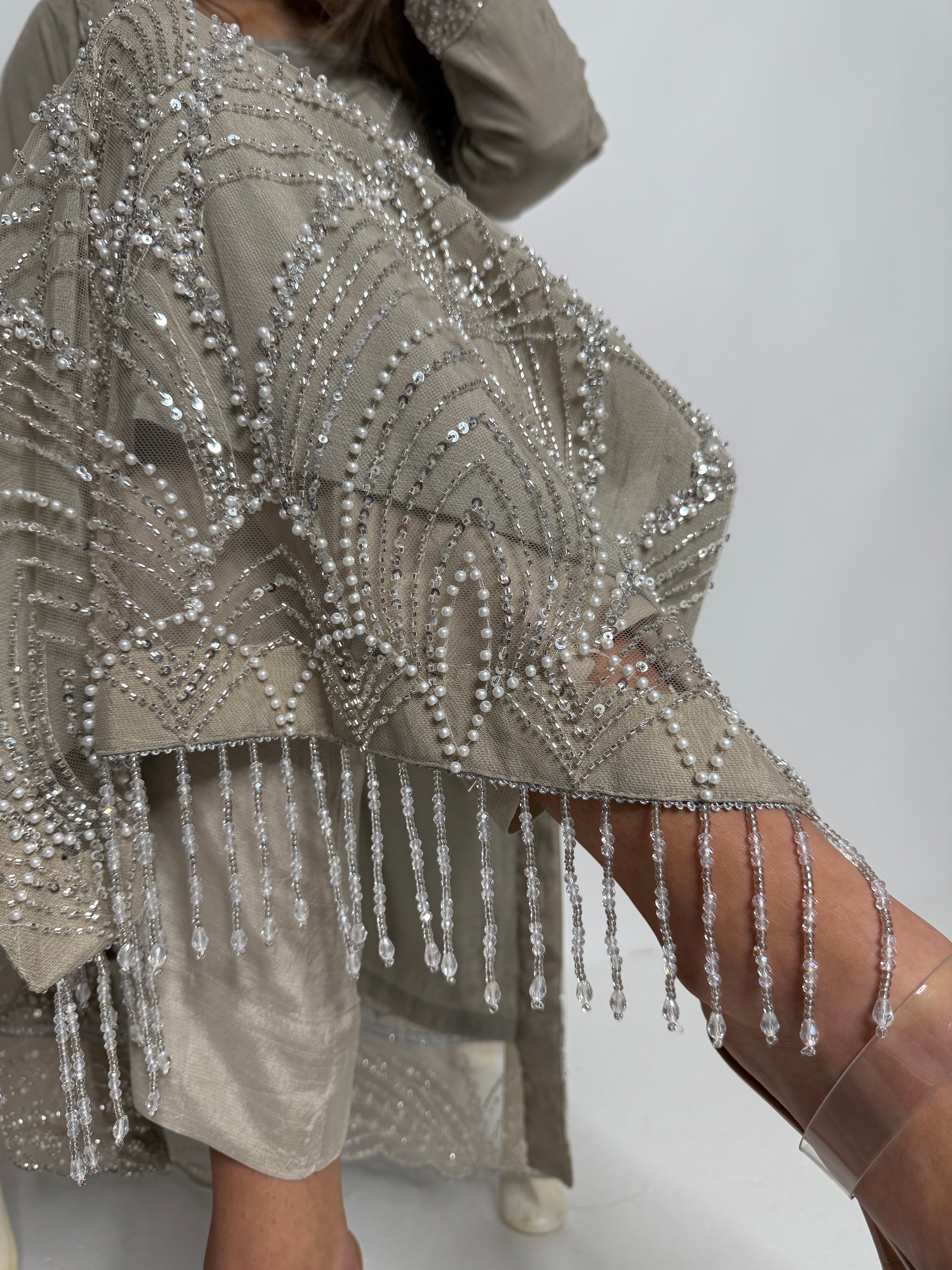 Silver Taupe Pearl Embellished Three Piece Suit UK | The Ameliyana Heirloom