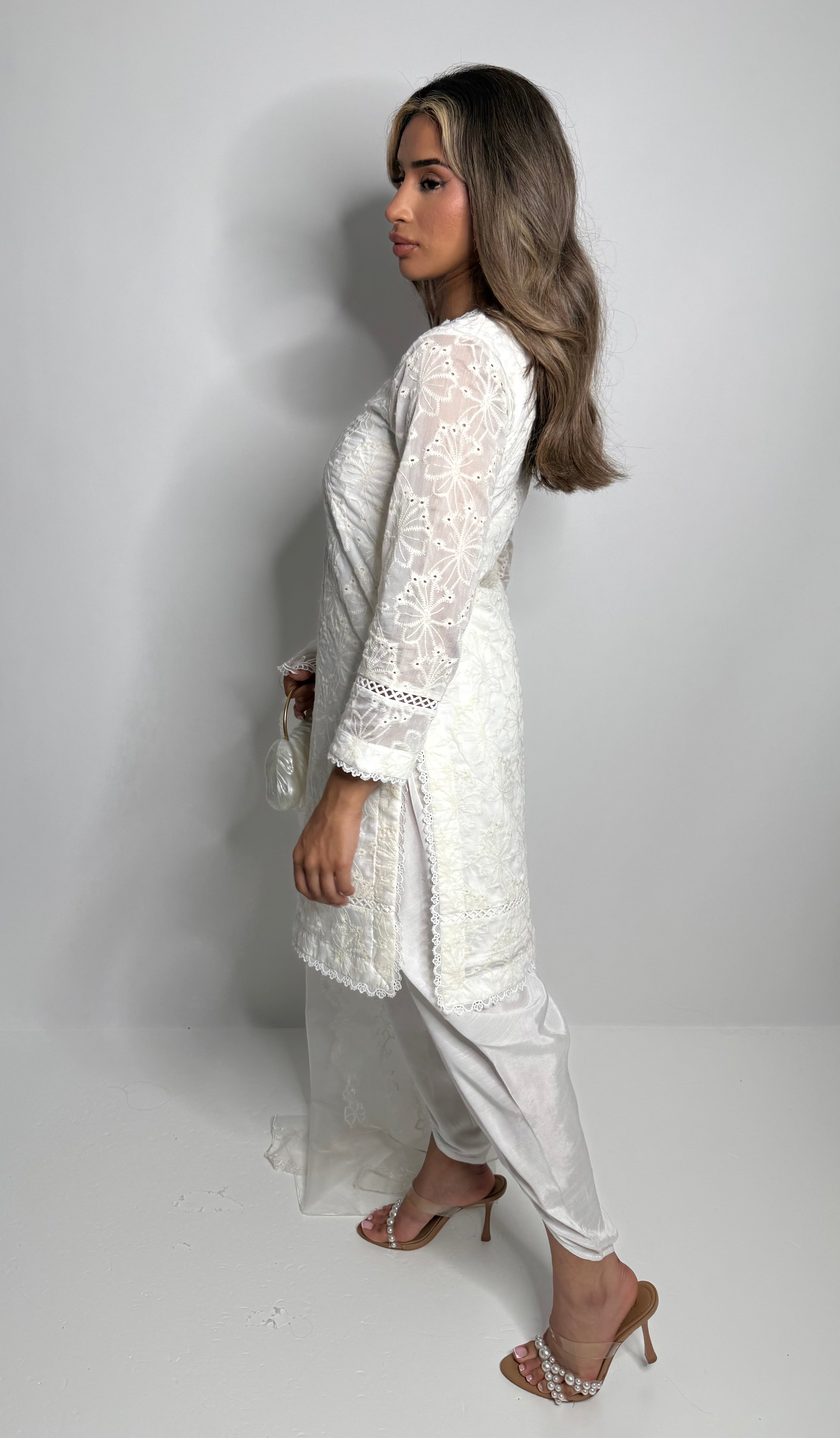 White Chikankari Three Piece Suit UK | The Belgravia Blanc