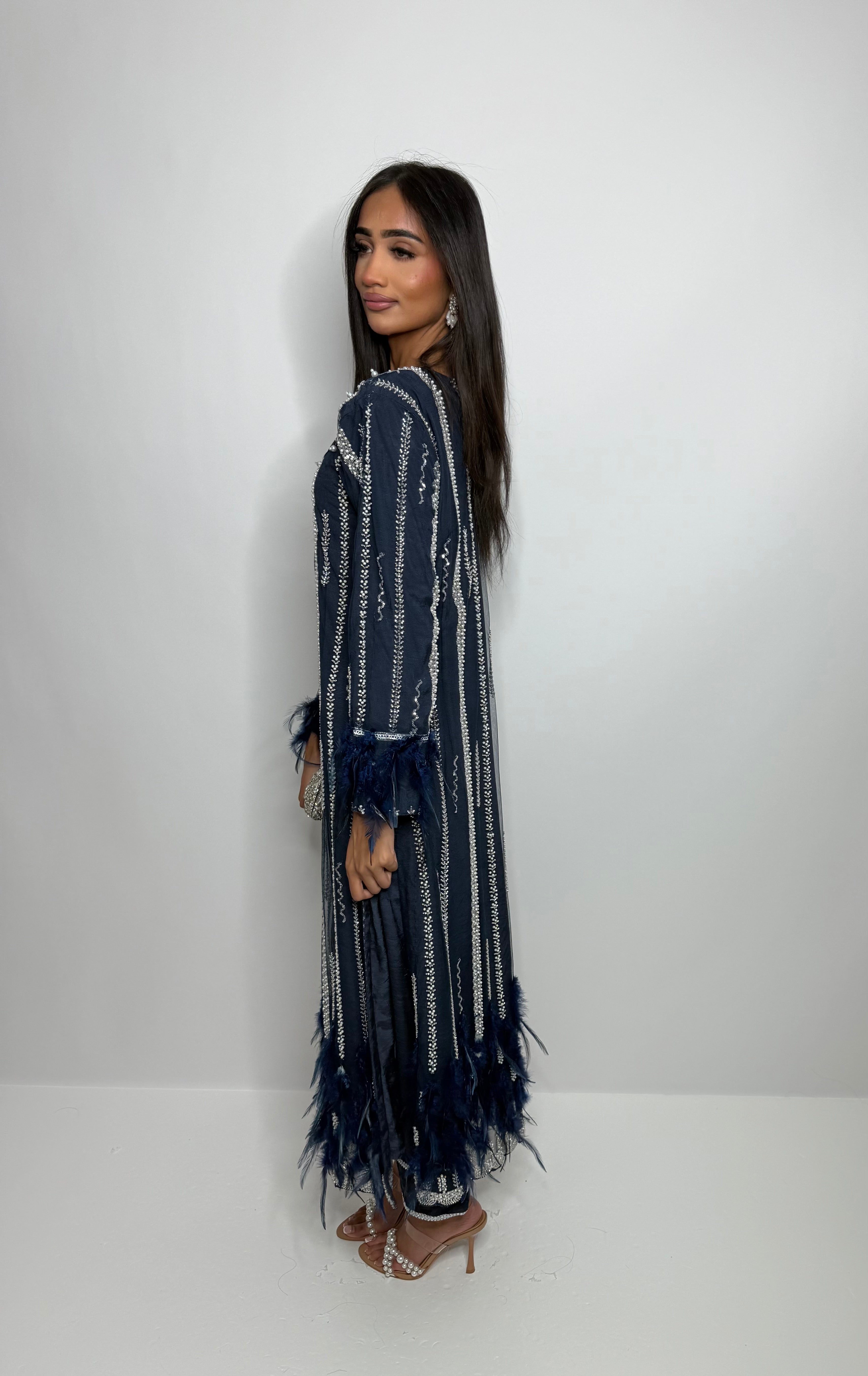 Noctéva Navy | Feather Cutdana Embroidered Kameez Set (3 Piece)