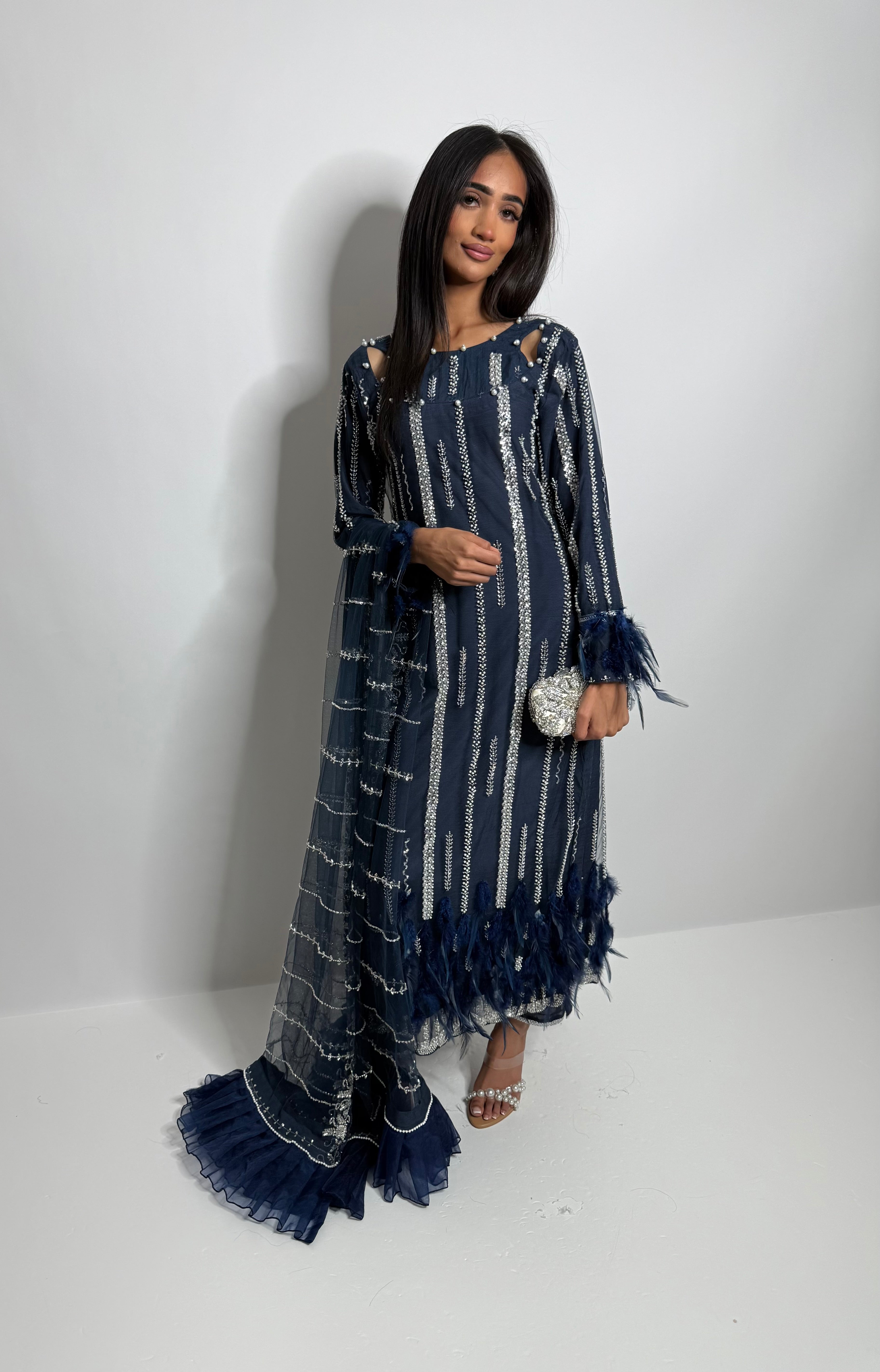 Noctéva Navy | Feather Cutdana Embroidered Kameez Set (3 Piece)