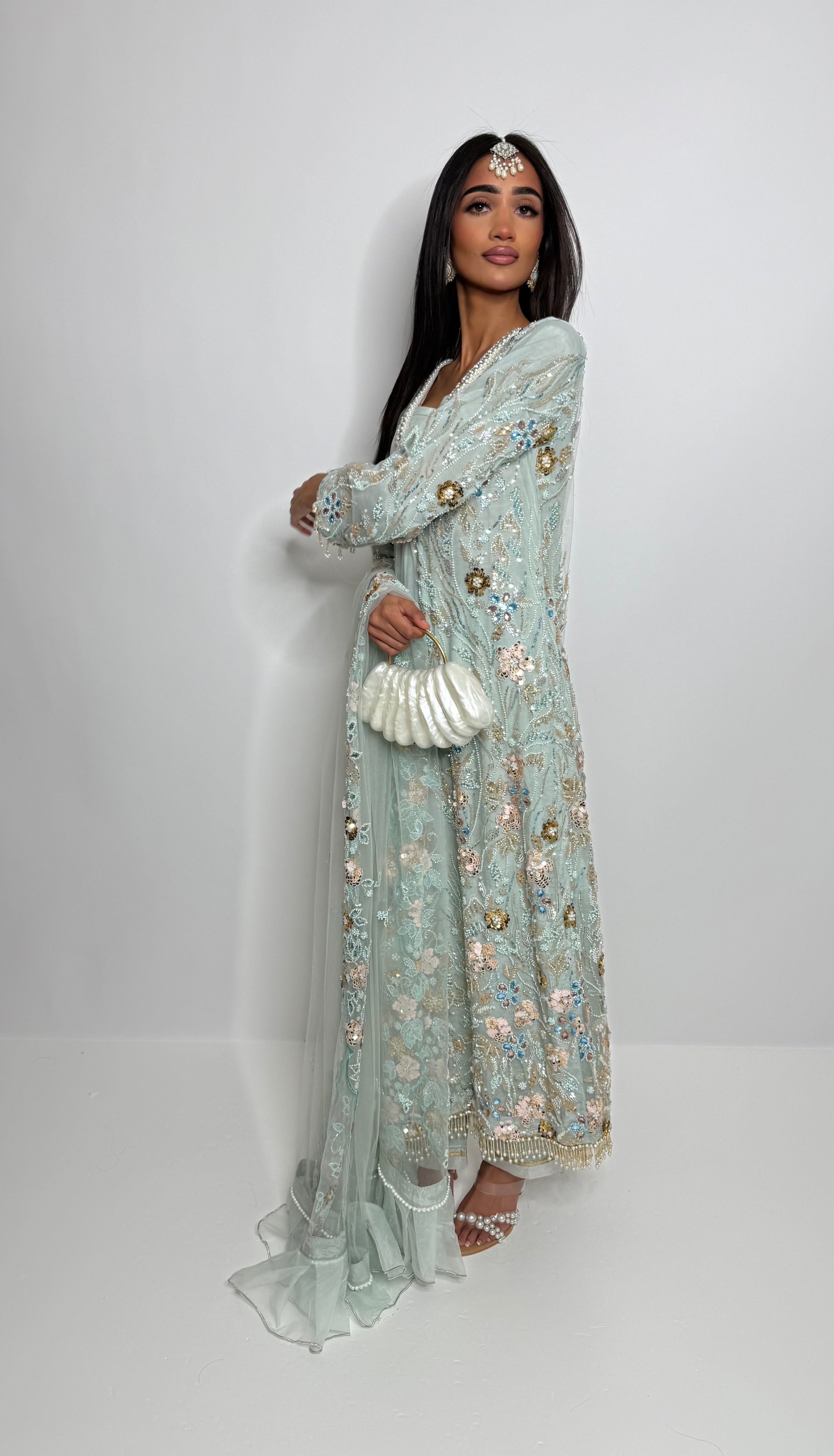 Celesté Mint | Luxury Cutdana Embroidered Kameez Set (3 Piece)
