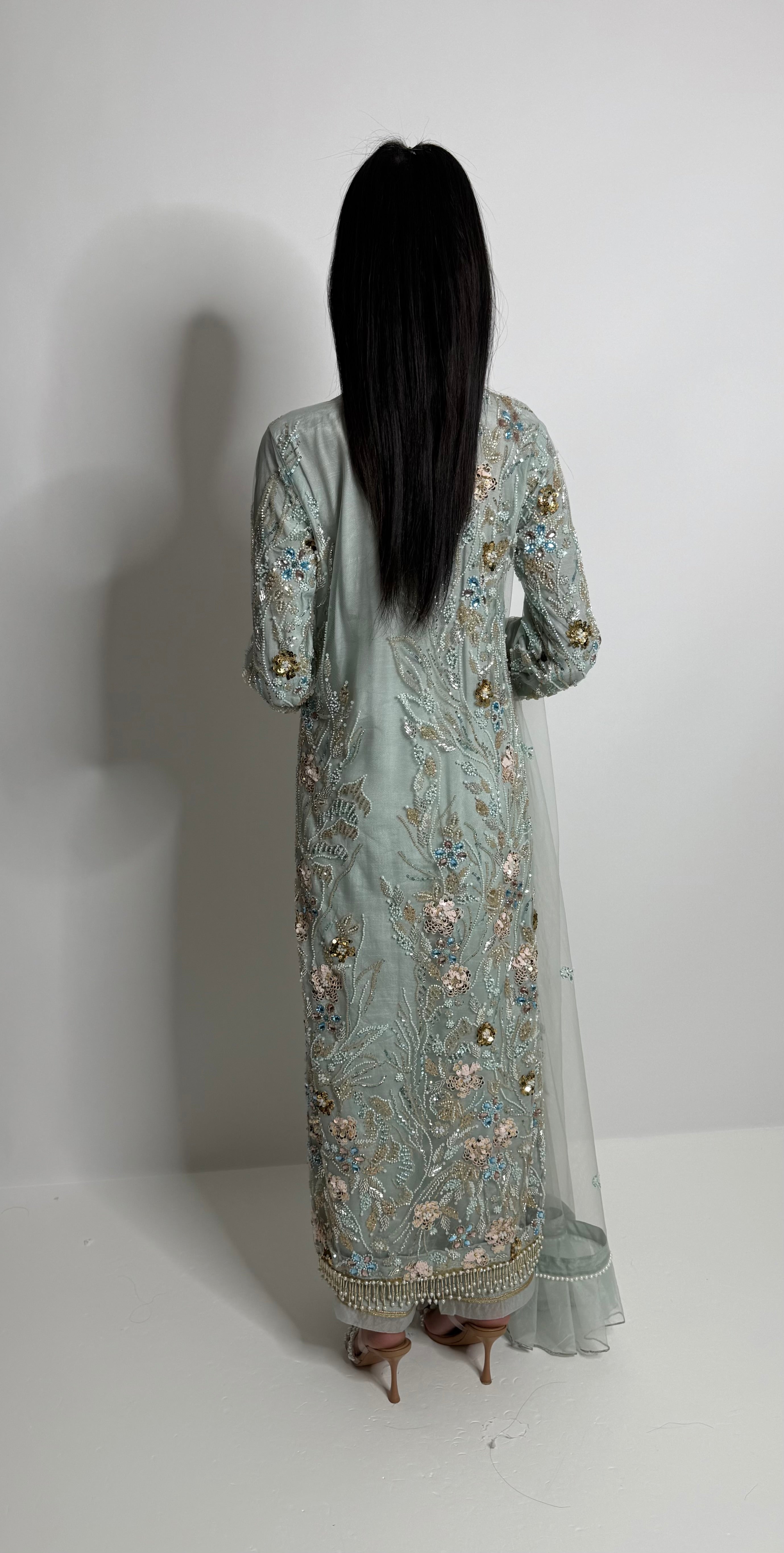 Celesté Mint | Luxury Cutdana Embroidered Kameez Set (3 Piece)