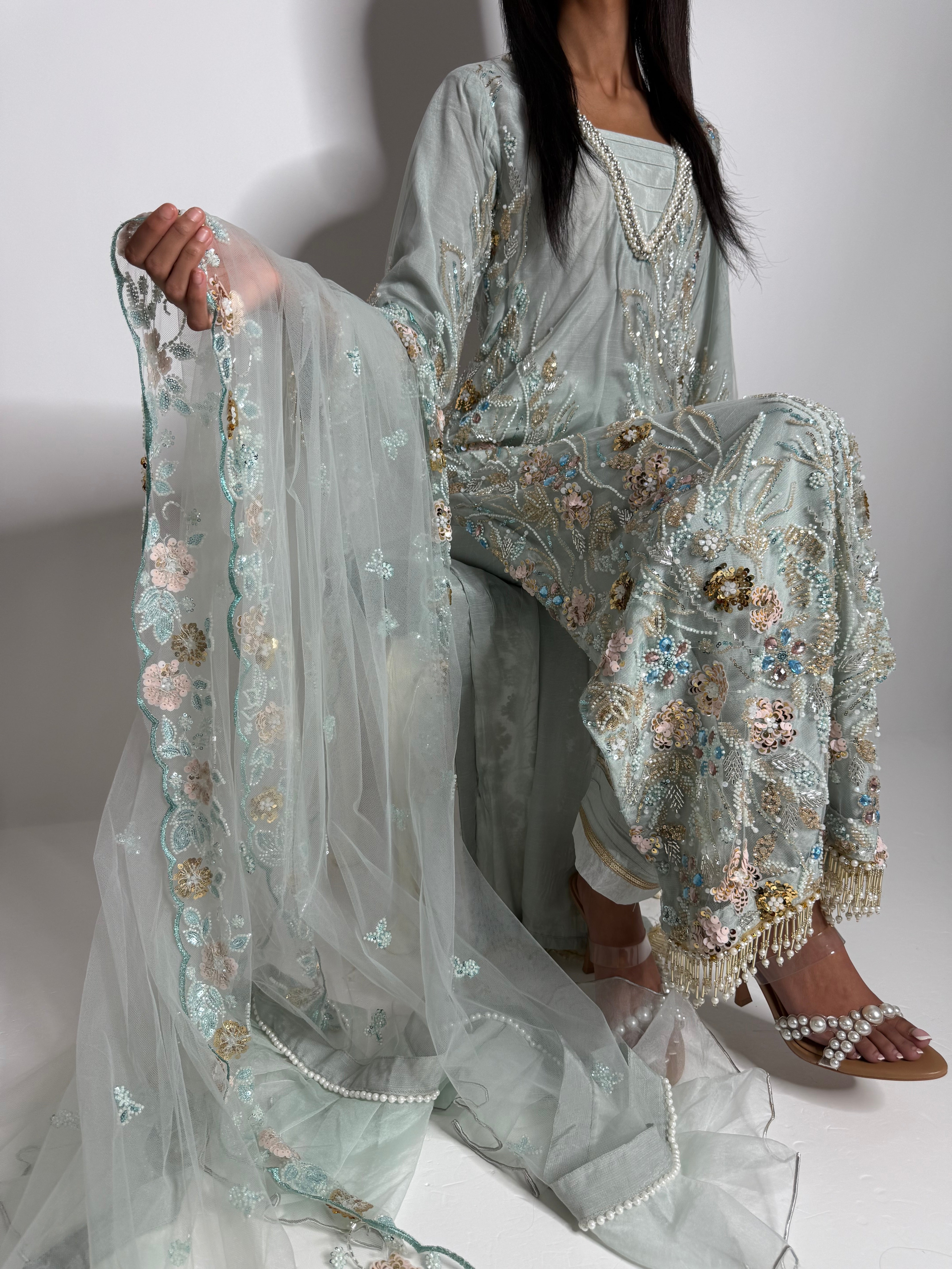 Celesté Mint | Luxury Cutdana Embroidered Kameez Set (3 Piece)