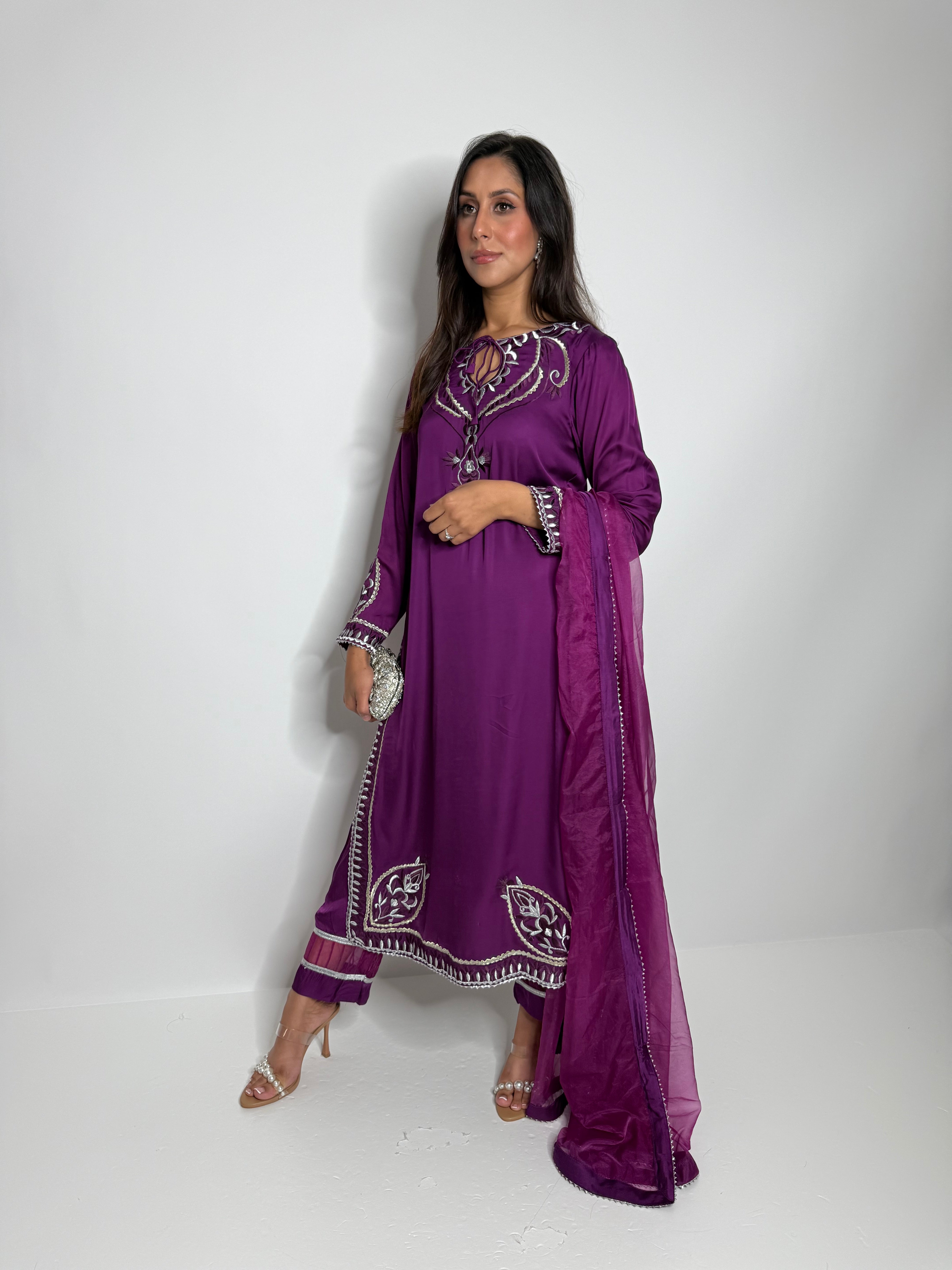 Mahveen Royale | Plum Silk Embroidered 3 Piece Set