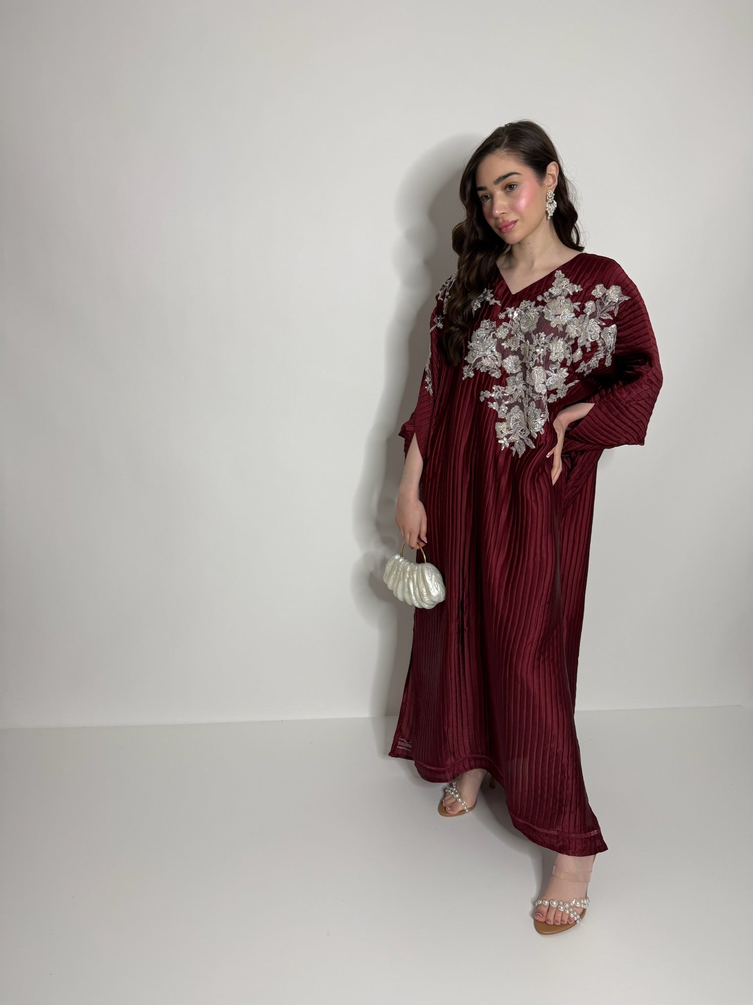 Full length plissé kaftan with silk trousers, relaxed modest silhouette perfect for Eid outfit or wedding guest wear.