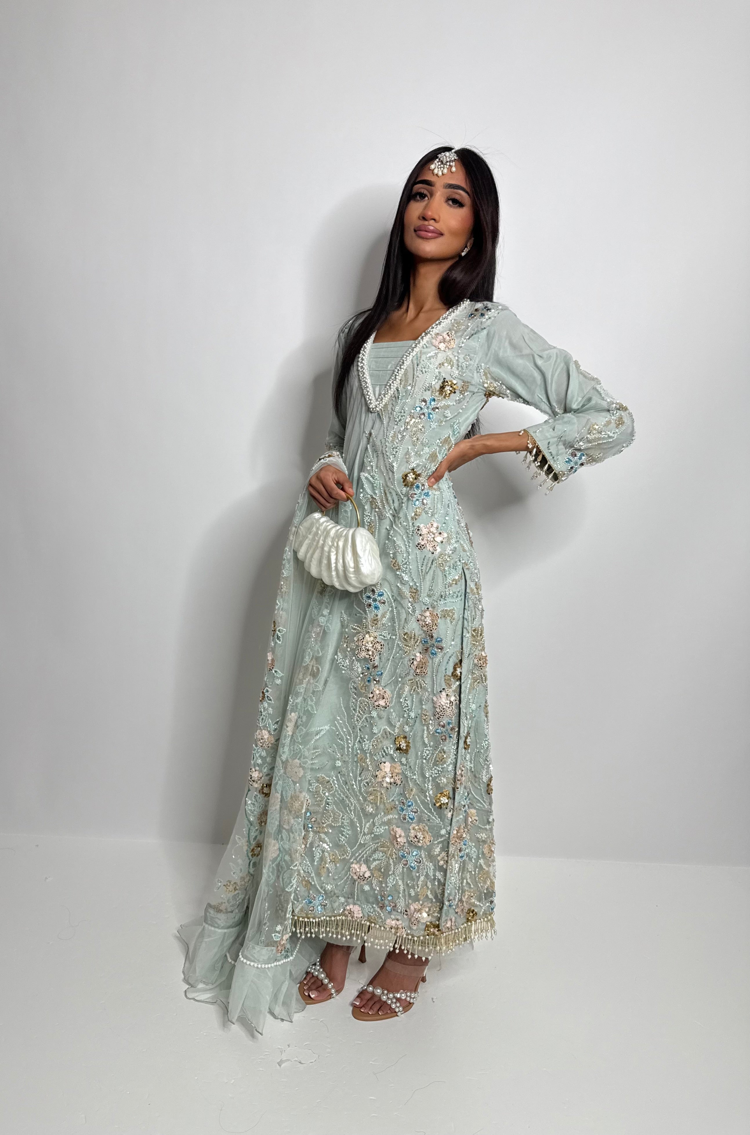Luxury mint Eid outfit UK with full cutdana embroidery and pearl detailing.