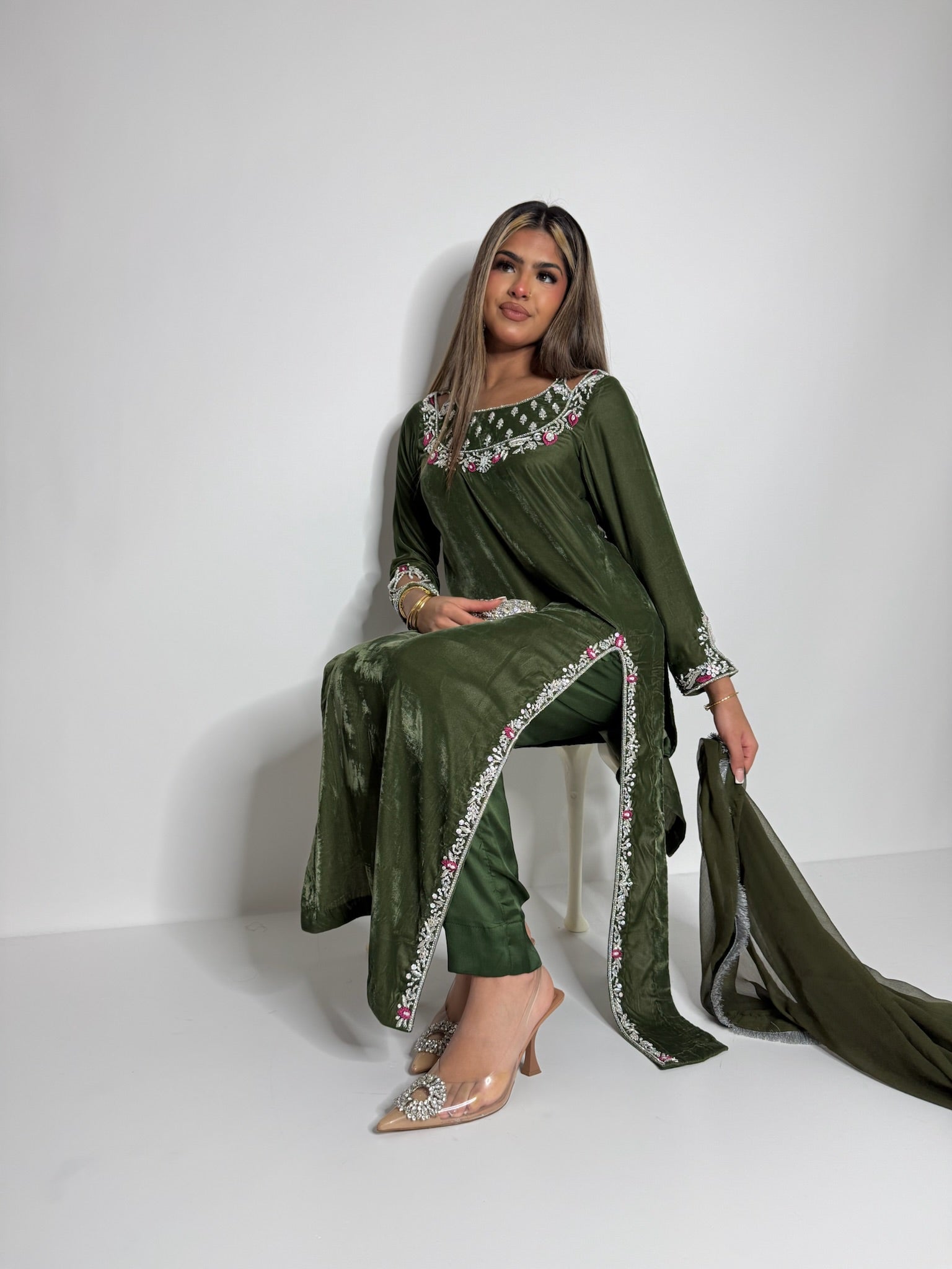Handworked statement neckline olive velvet suit