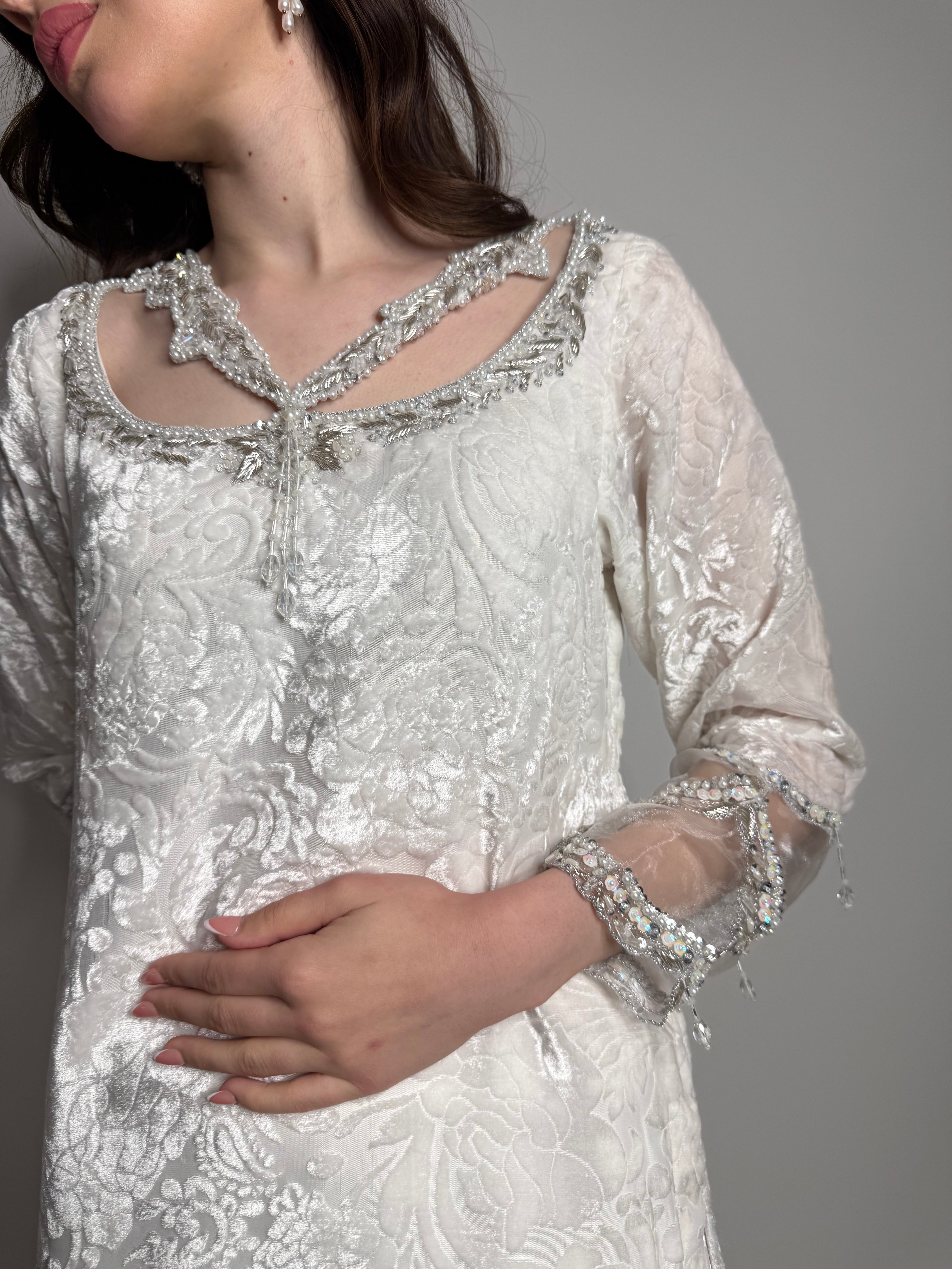 Double layered silk sharara ivory suit