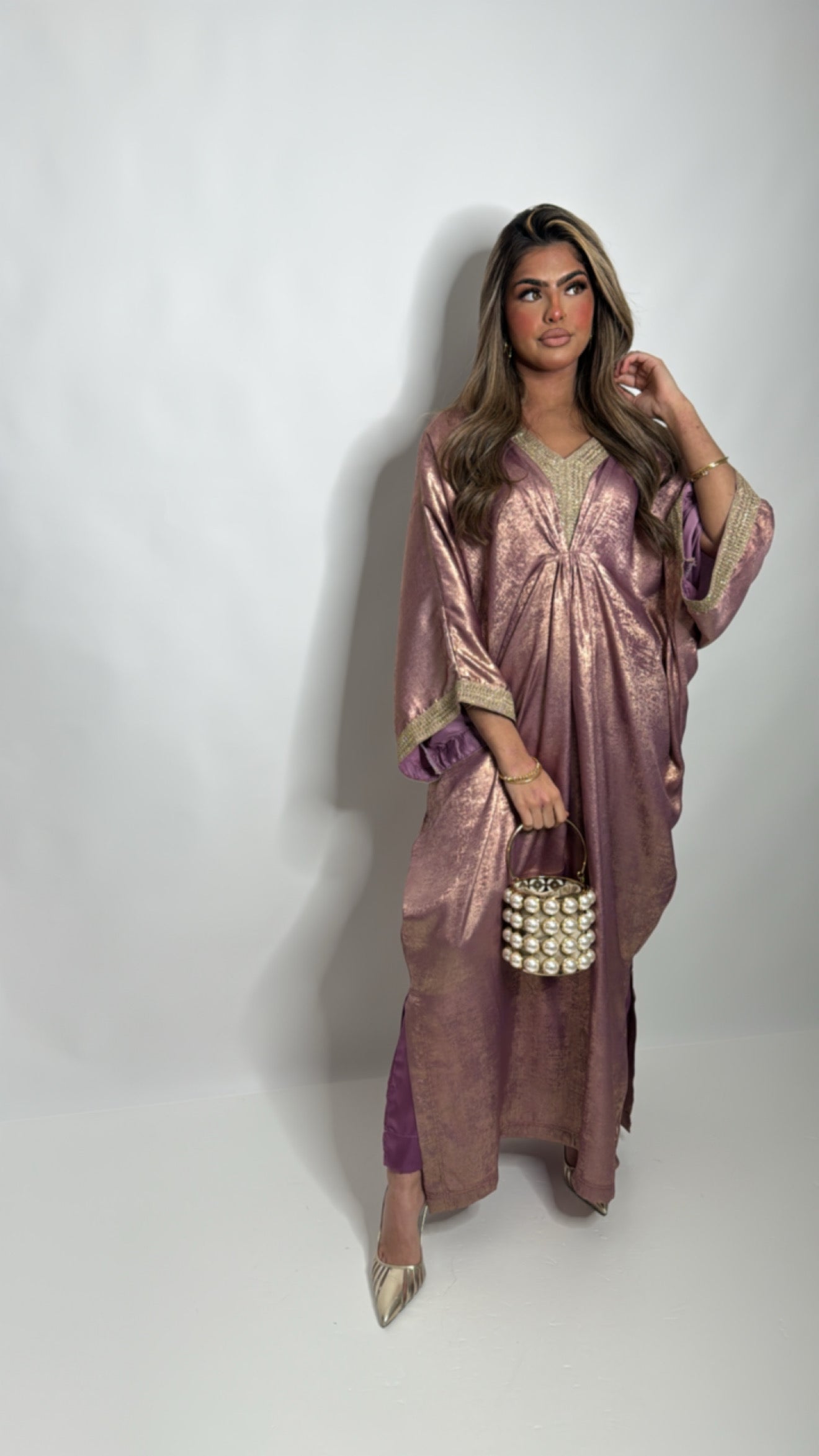 Pink silk kaftan neckline detail shimmer fabric