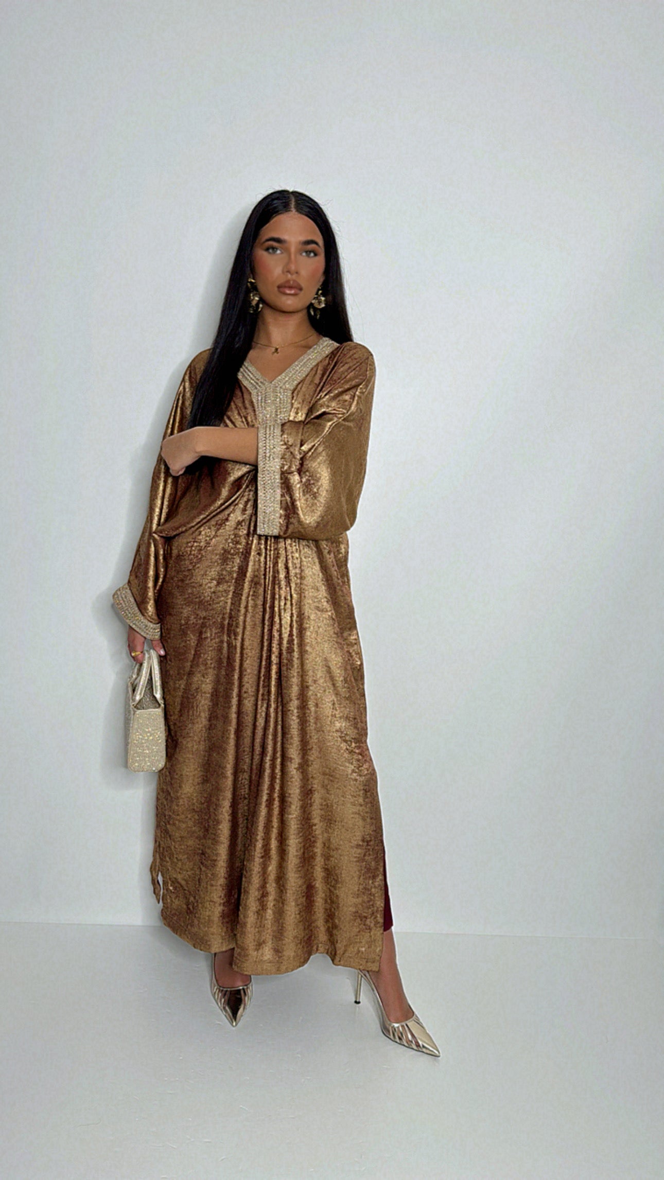 Bronze silk kaftan neckline detail shimmer fabric