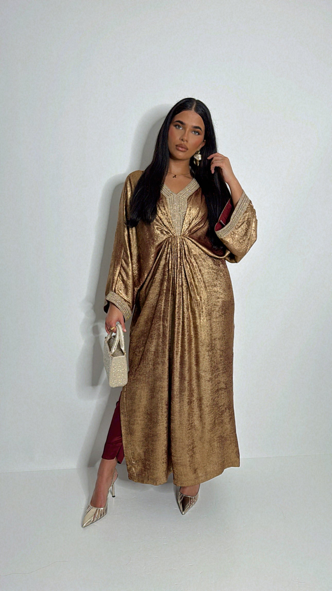 Bronze shimmer silk kaftan set full front view UK
