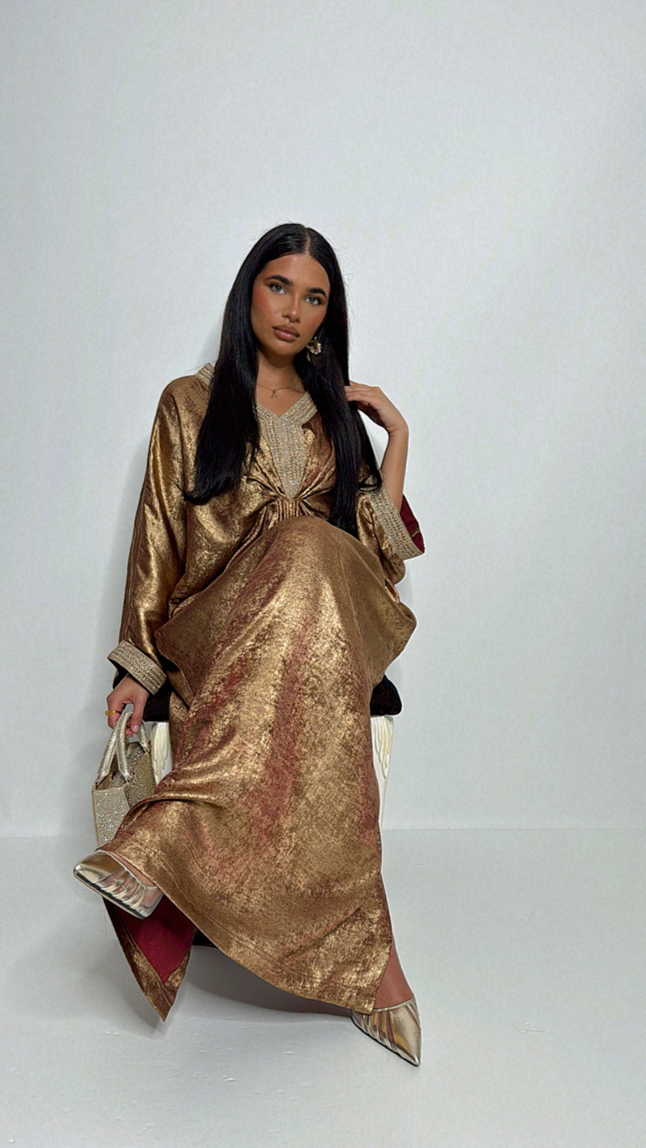 Shimmer silk kaftan sleeve cuff detail