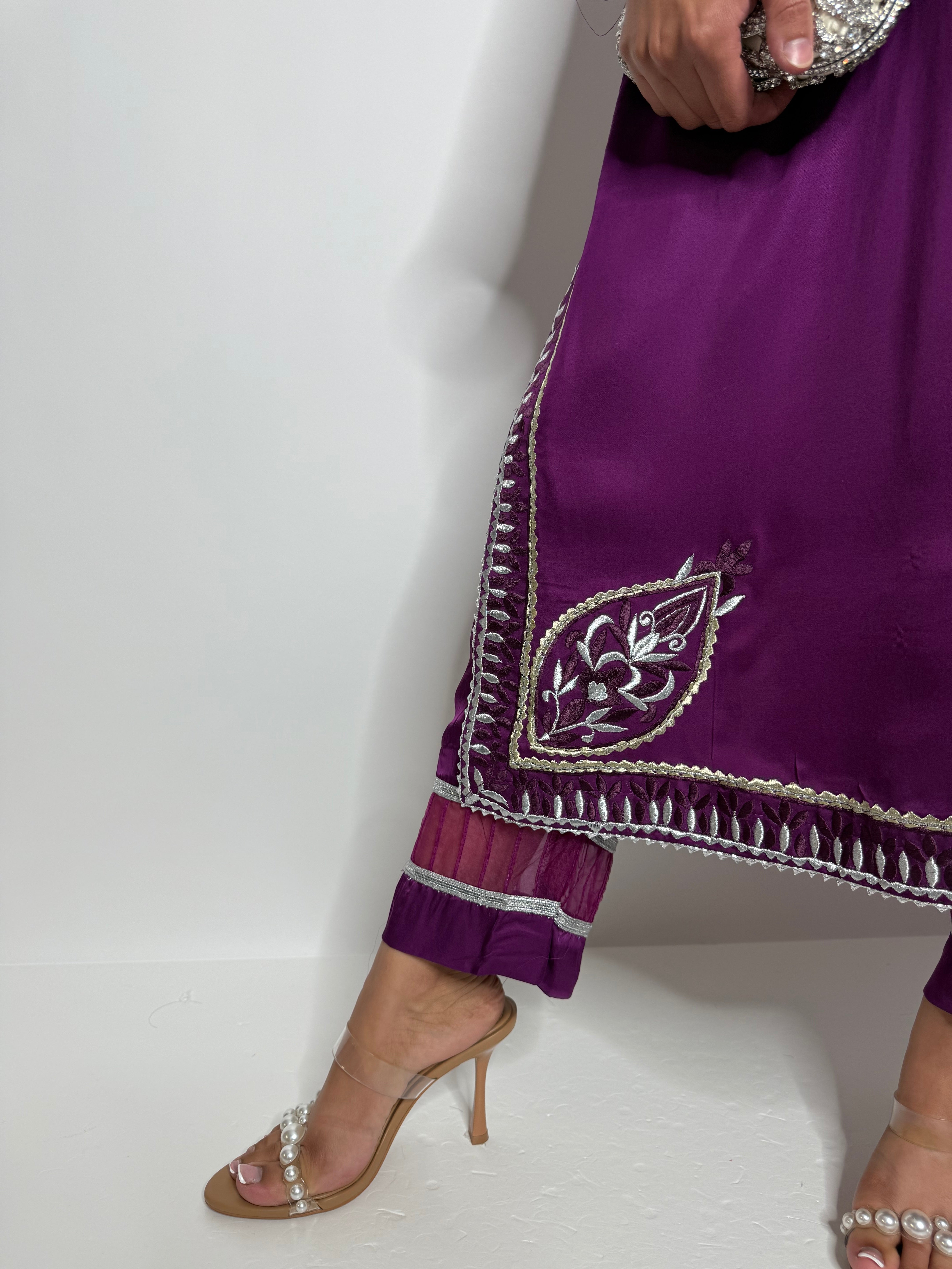 Mahveen Royale plum silk suit by Ameliyana