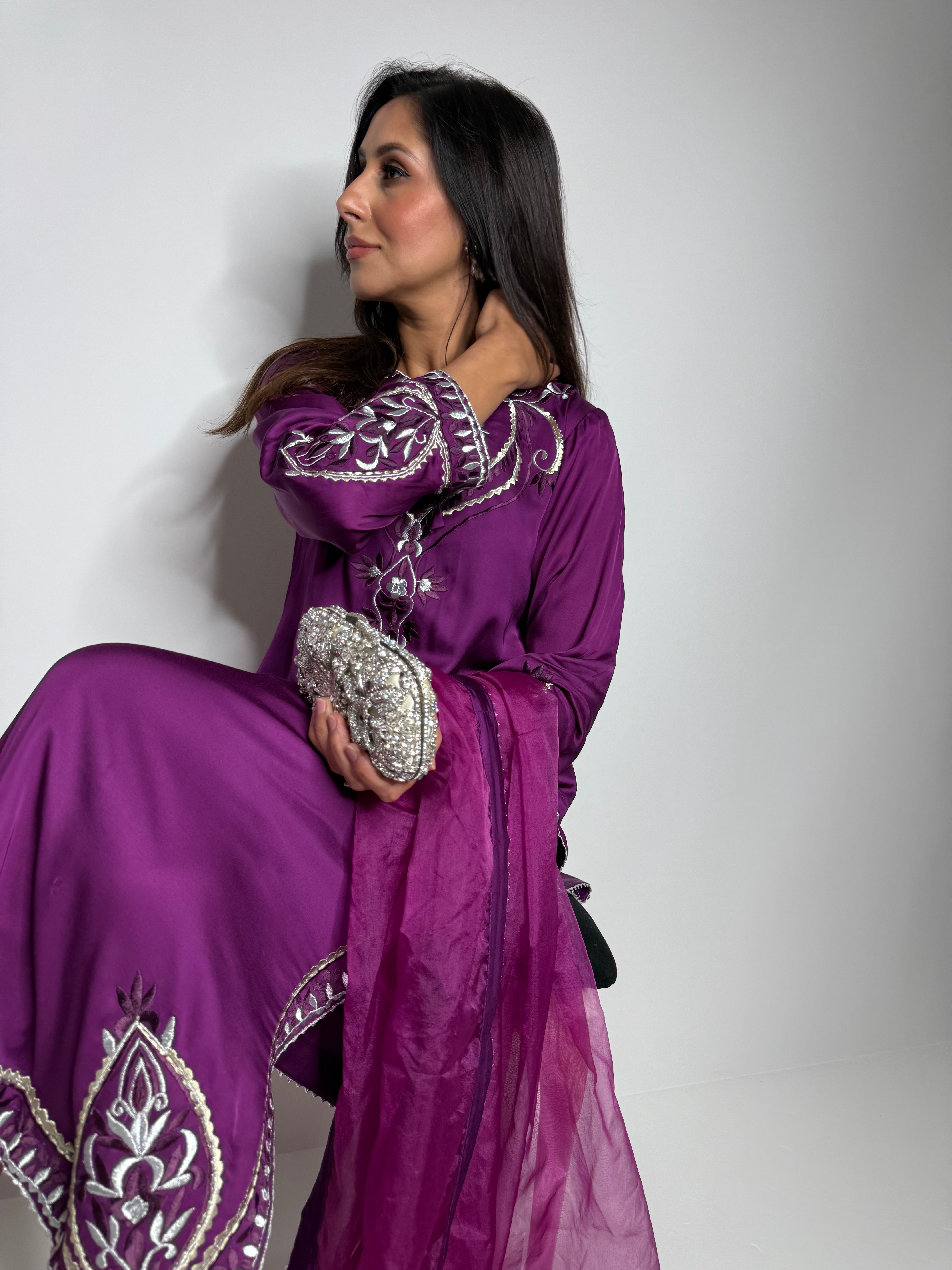 Formal plum silk 3 piece embroidered suit
