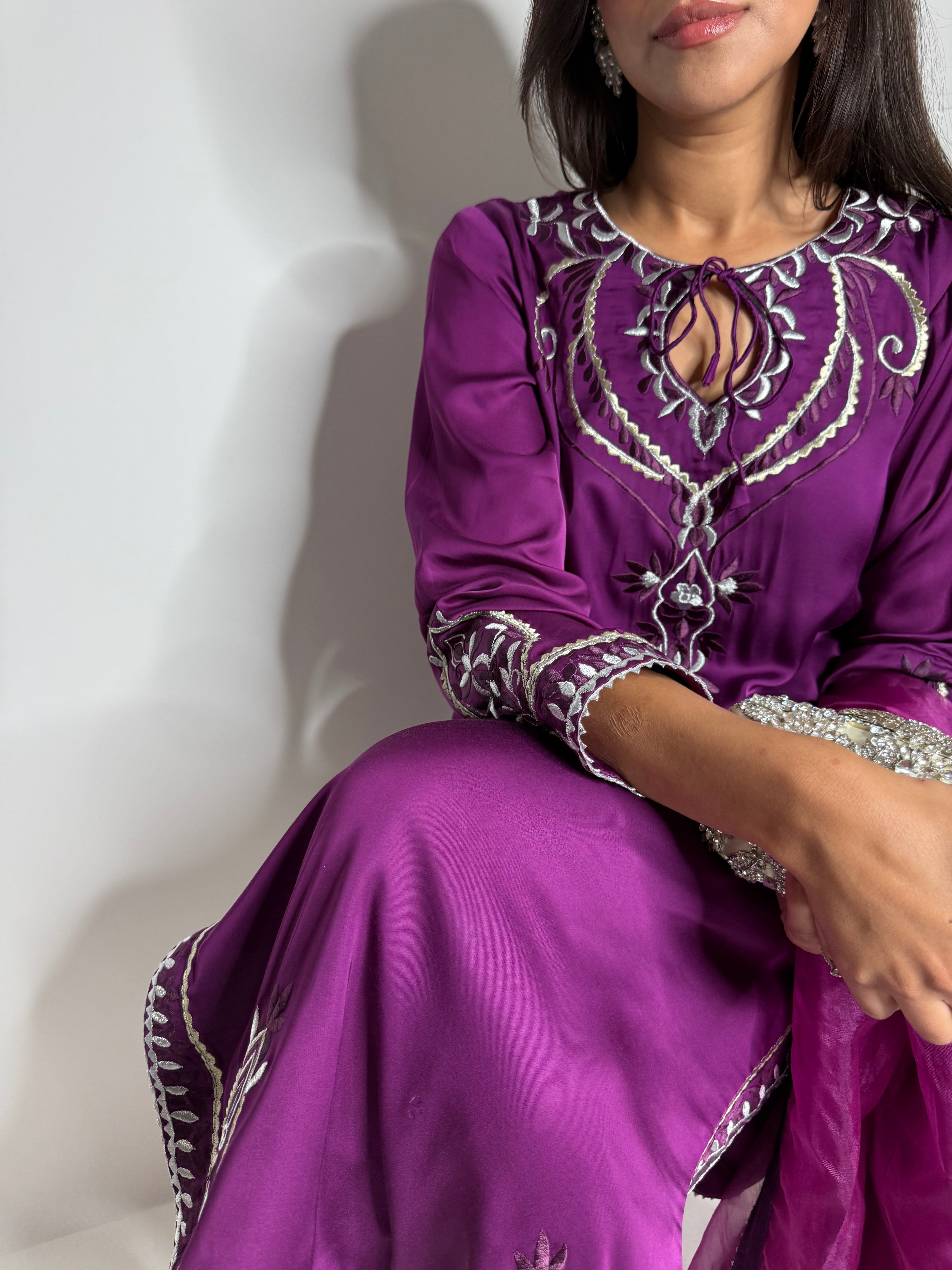 Plum silk embroidered sleeve detail