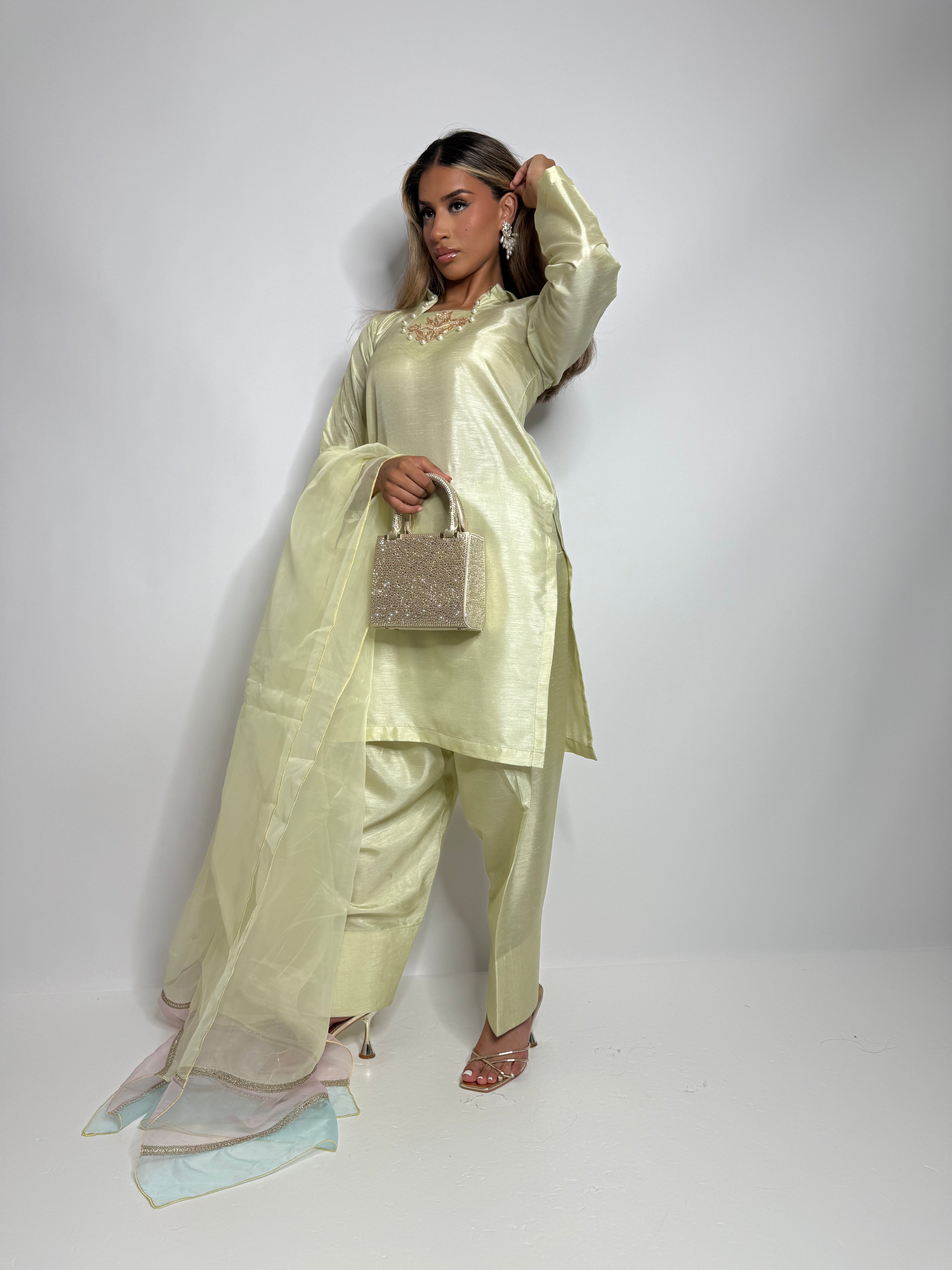 Pearl and gold thread handwork on raw silk shirt