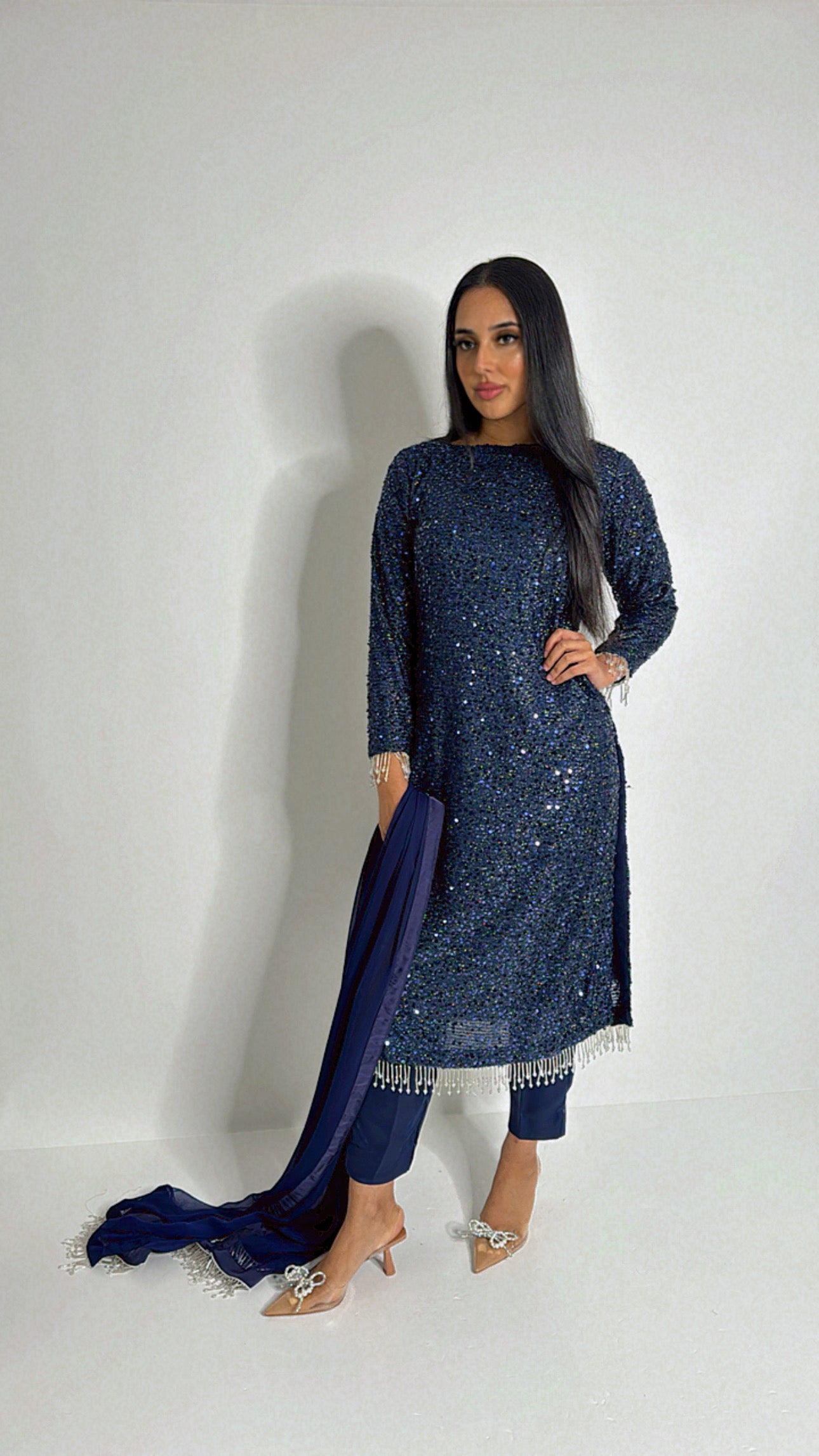 Luxury navy cutdana kameez set UK for dawat and formal occasions.