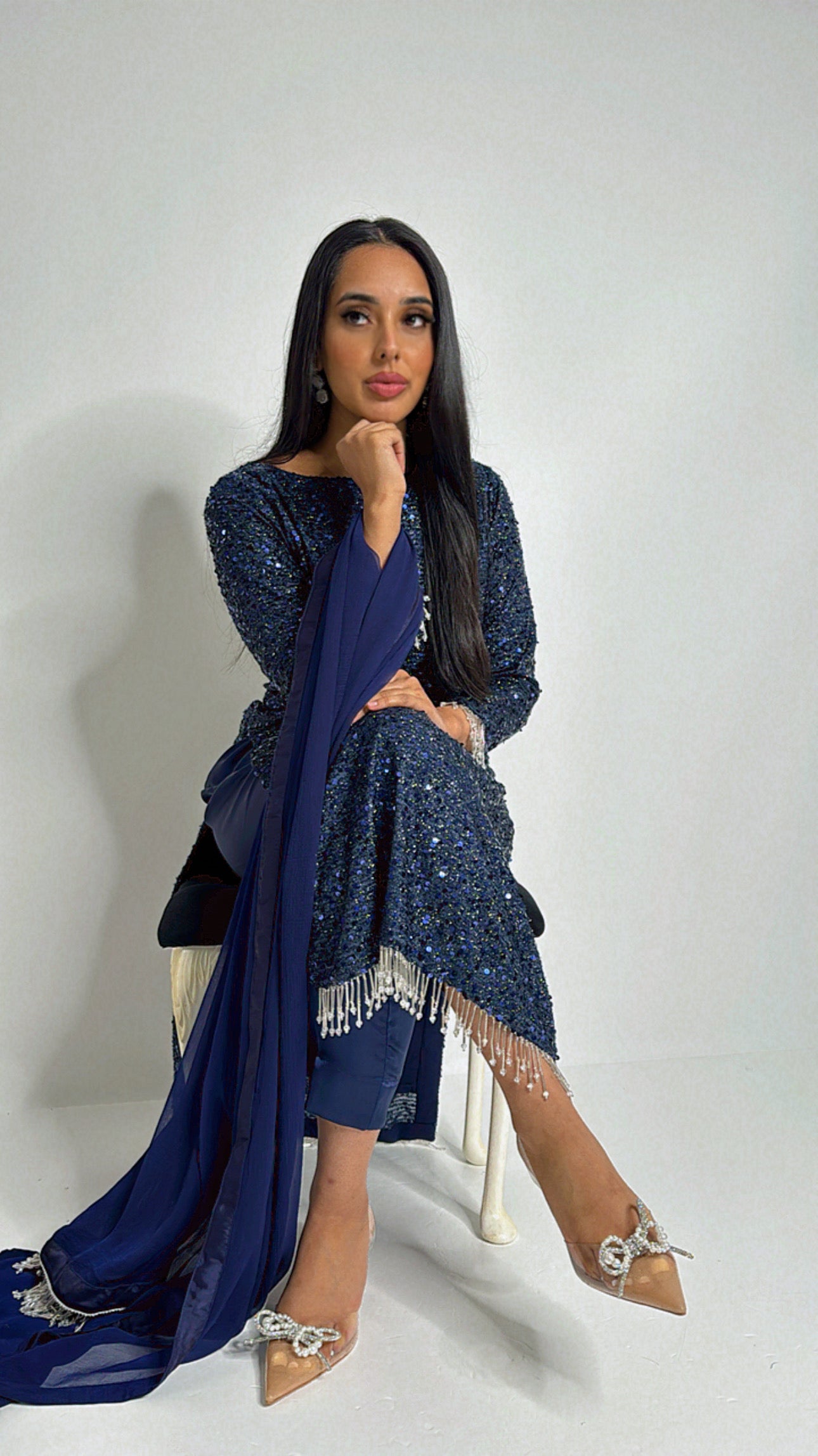 Front view of Midnight Azaria navy cutdana pearl kameez set for Eid and wedding guest styling.