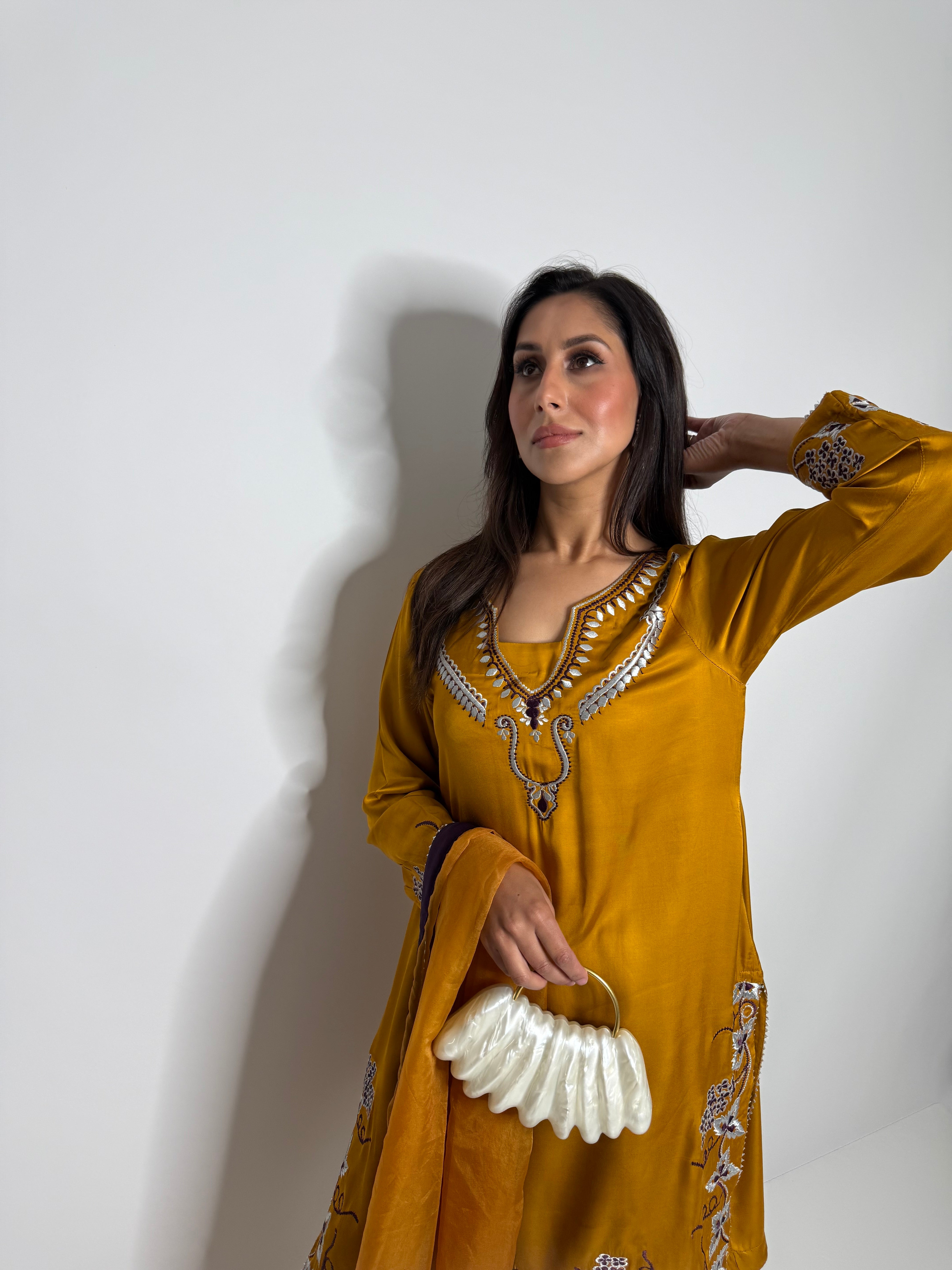 Mustard silk tulip trousers detail UK