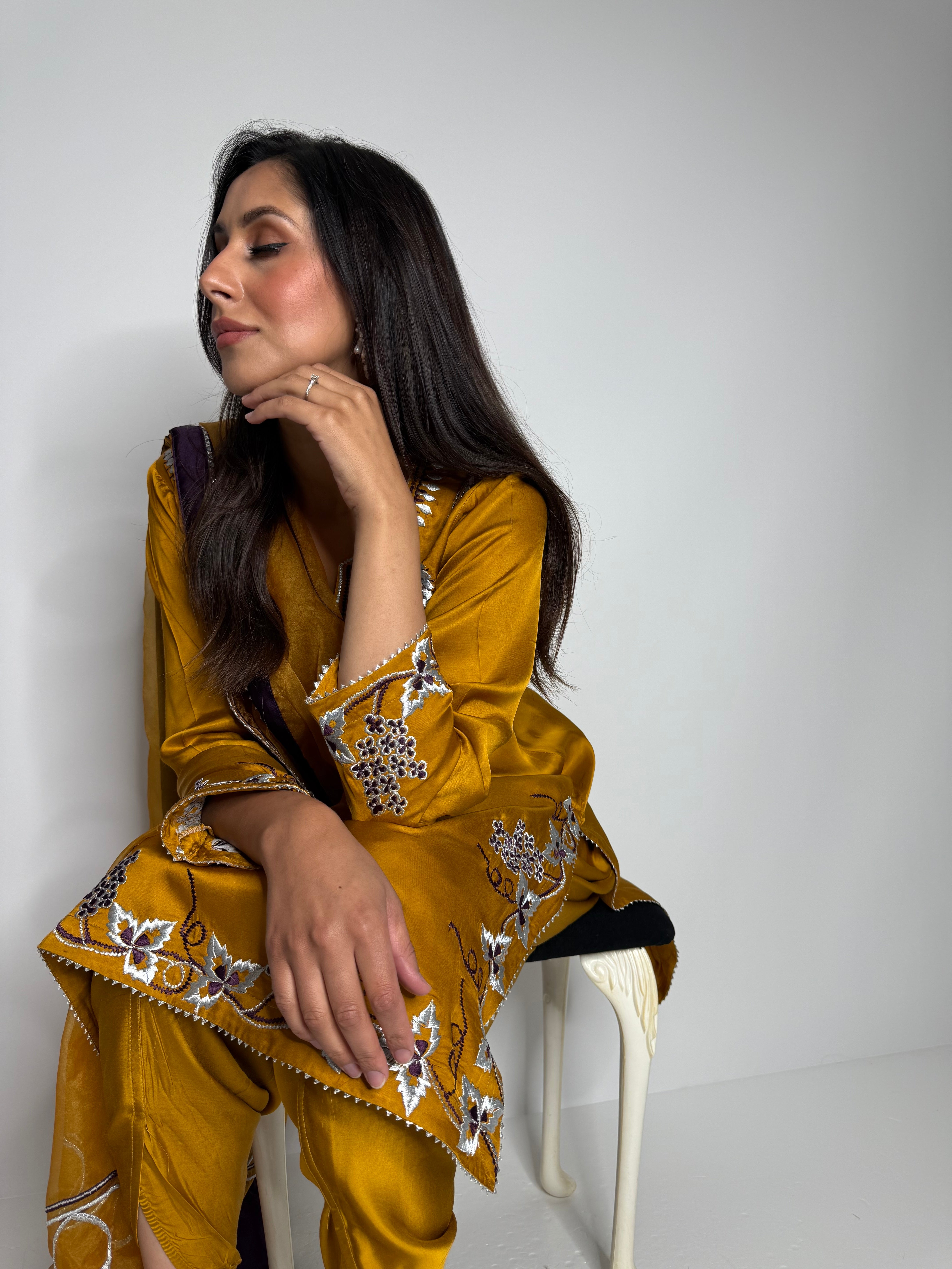 Mustard embroidered wedding guest suit UK