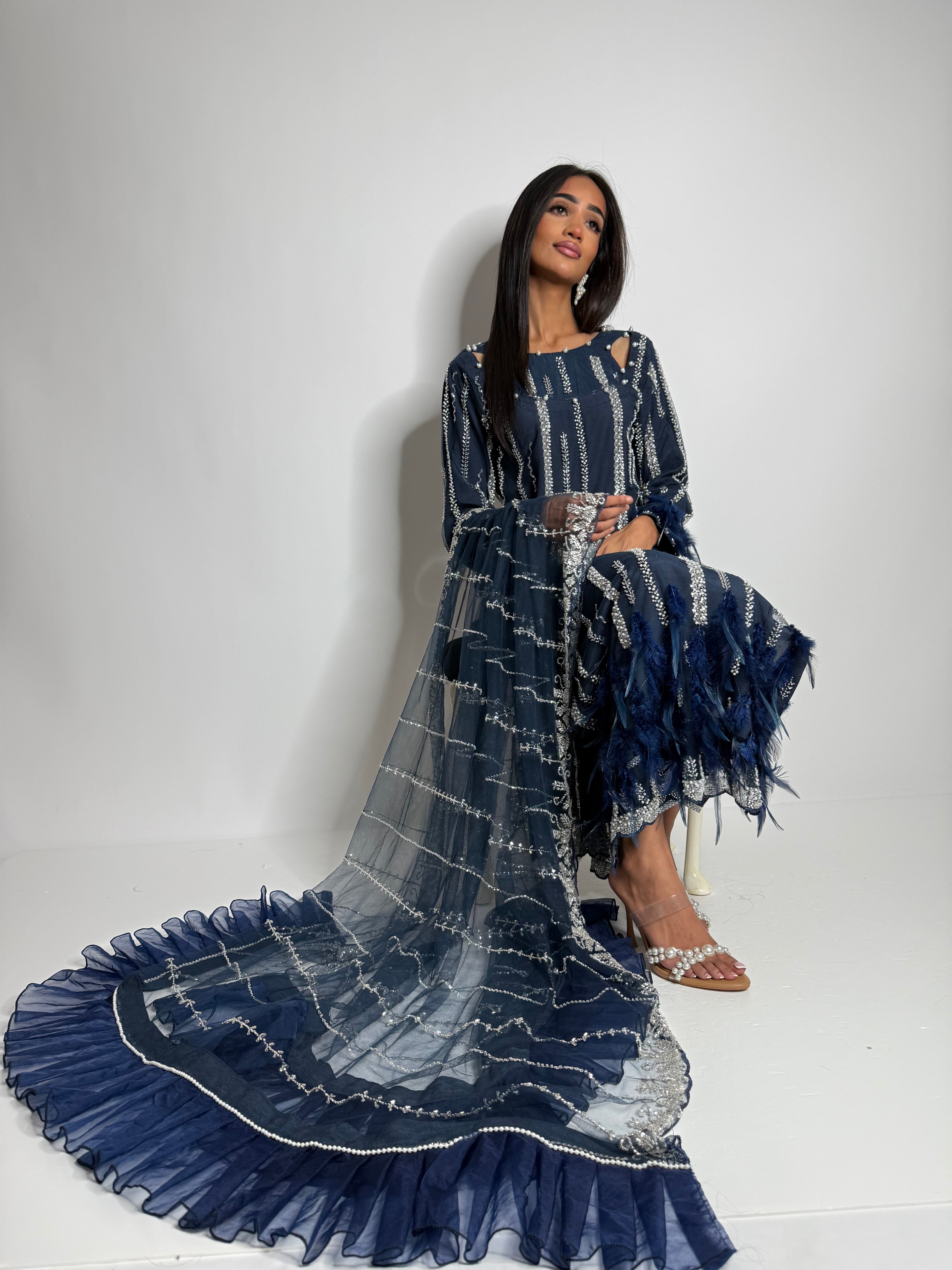Front view of Noctéva Navy feather cutdana embroidered kameez set for Eid and wedding guest styling.