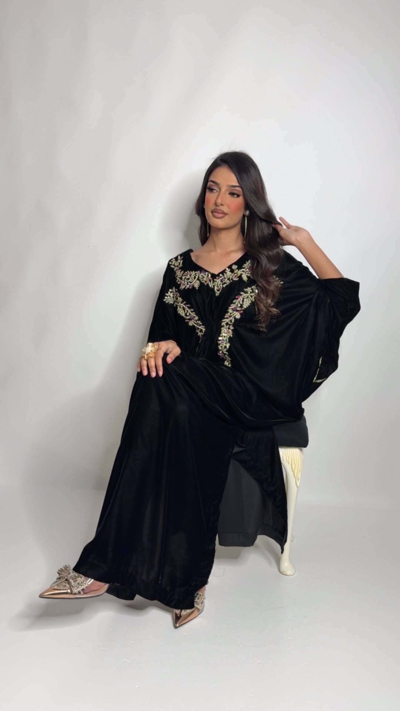 Black velvet embroidered kaftan set full front view UK