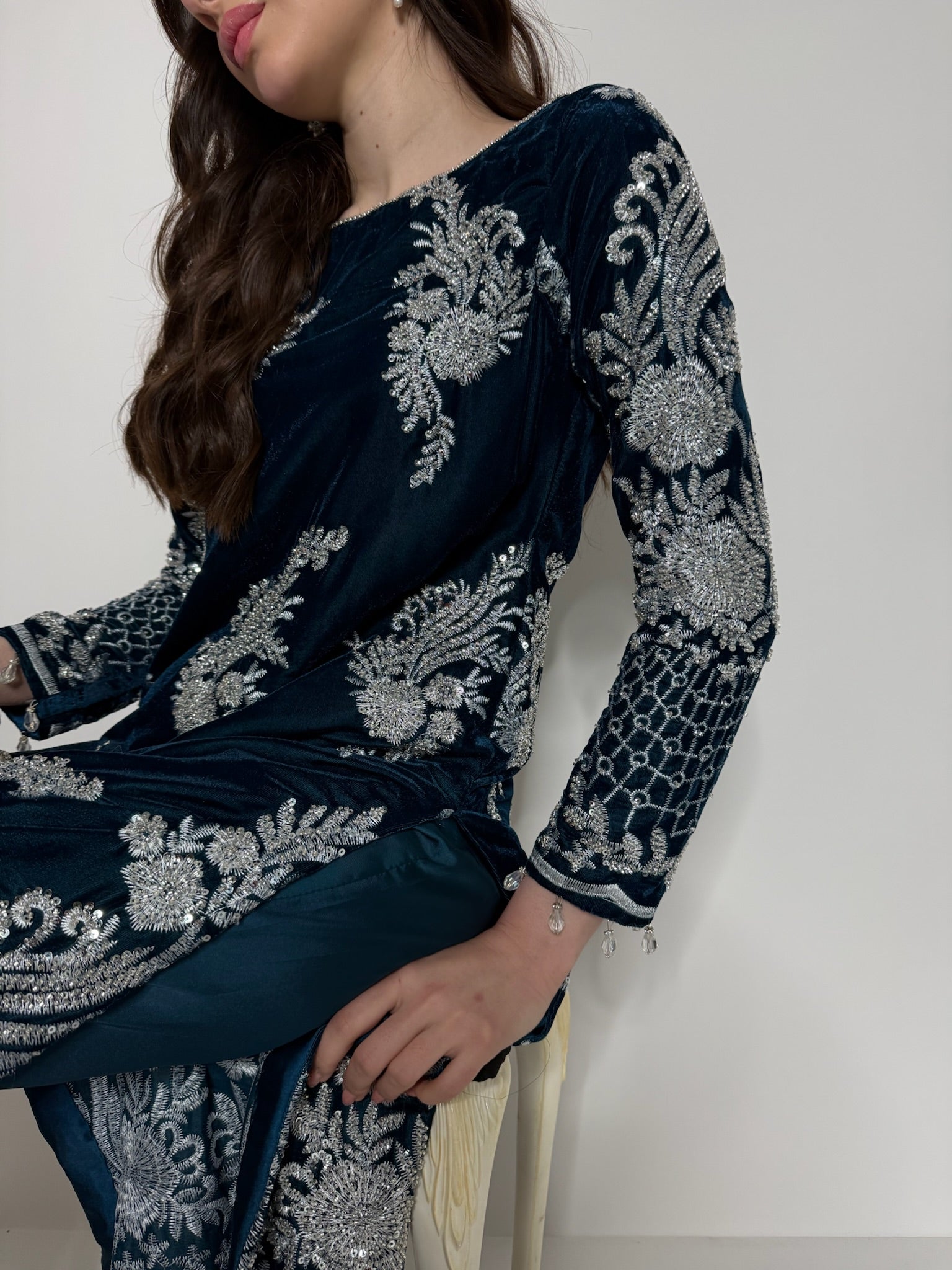 Cutdana and pearl embellished neckline velvet suit