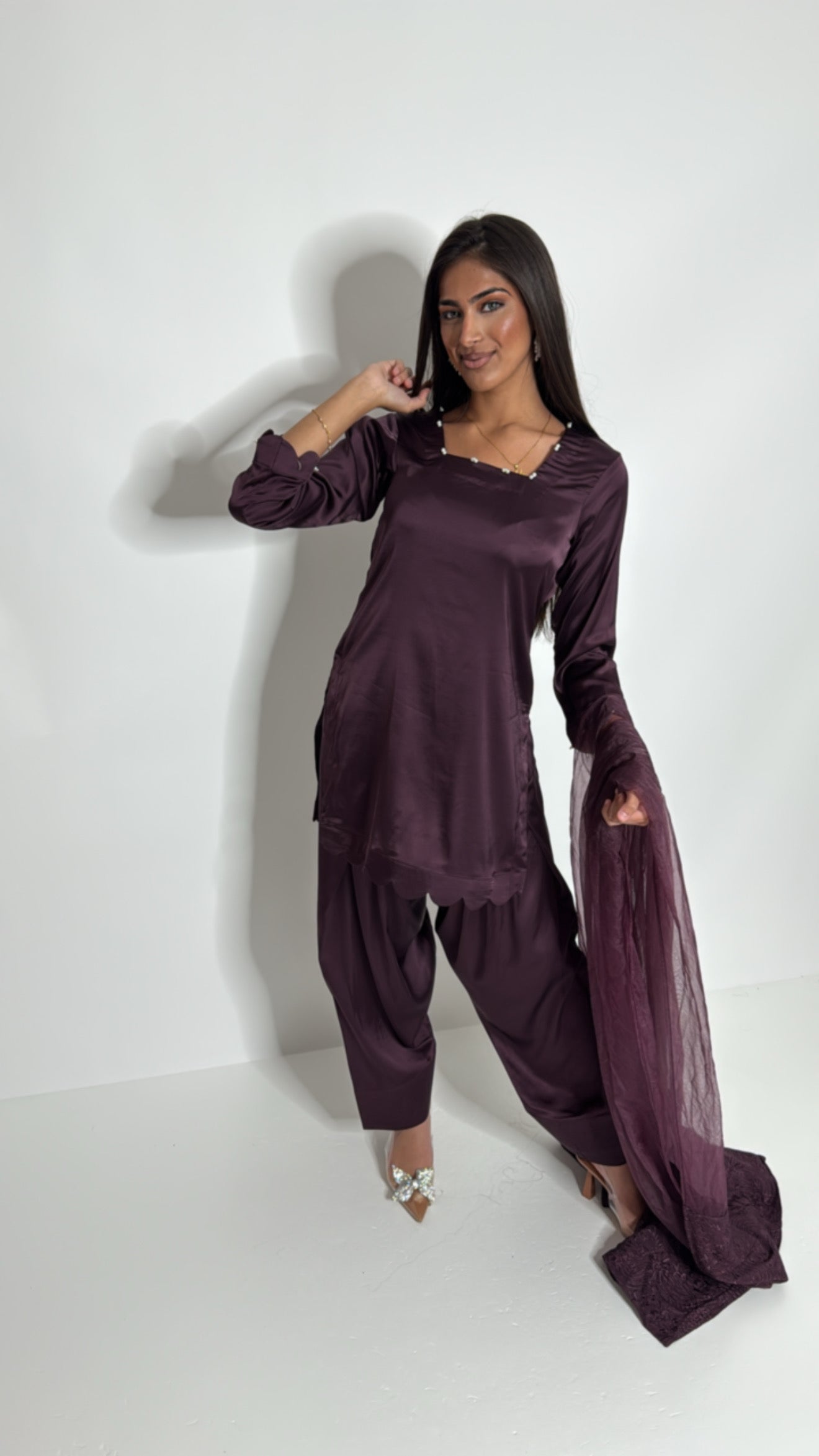 Wide leg silk Farshi trousers paired wi