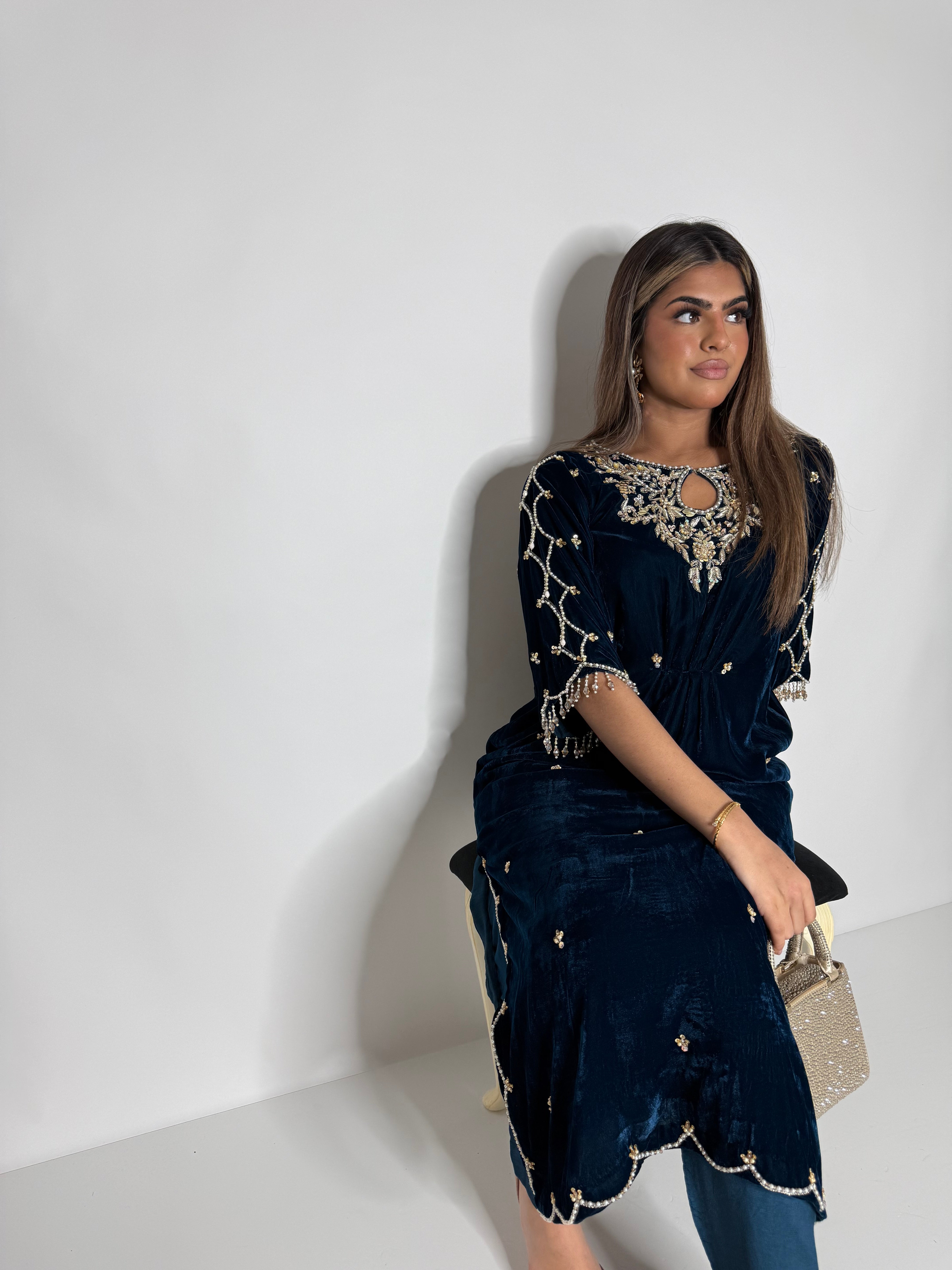 Midnight teal velvet pearl embellished kaftan set UK