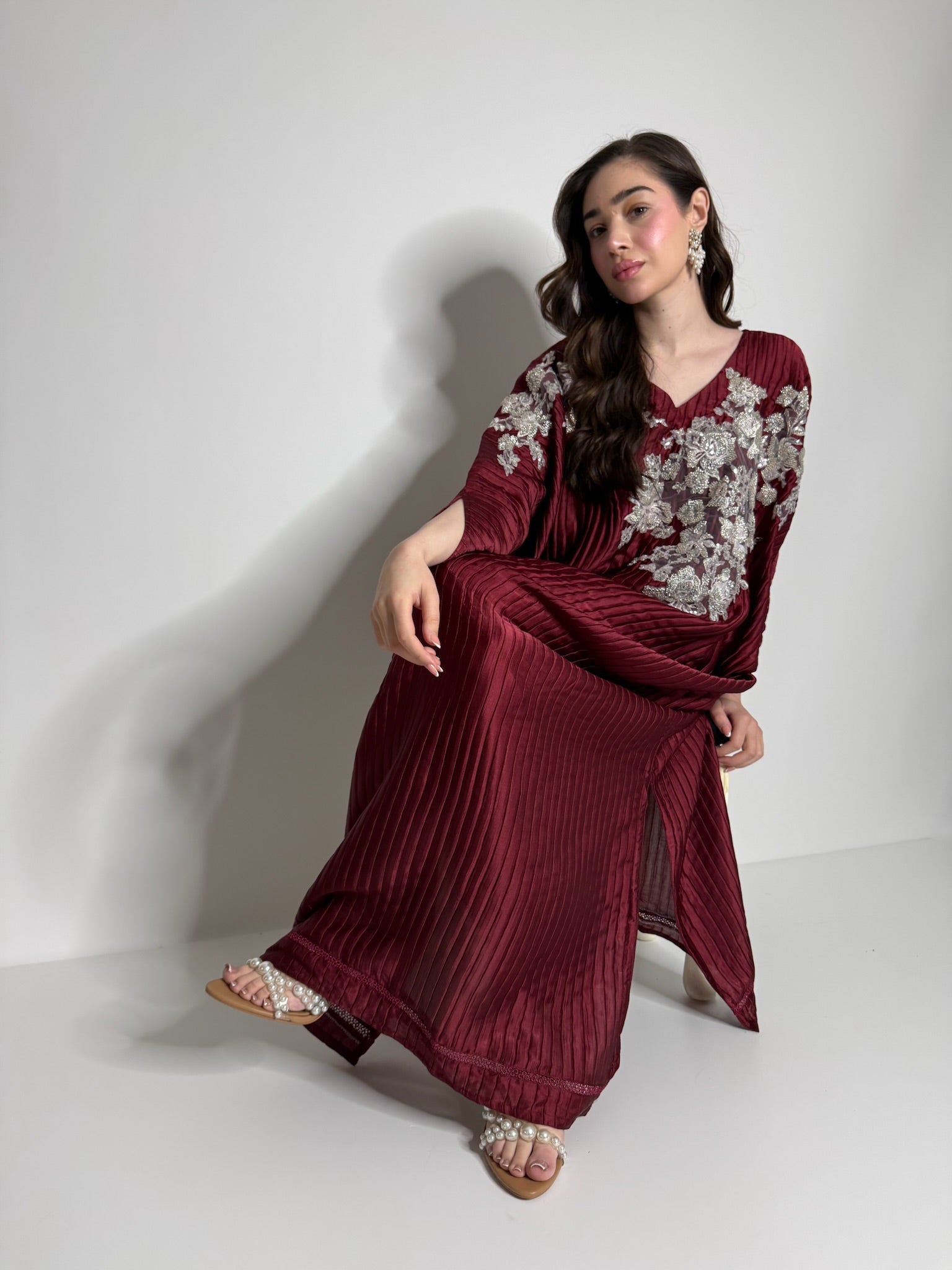Pakistani kaftan UK featuring embroidered modest Eid and wedding guest occasion design by Ameliyana Origins