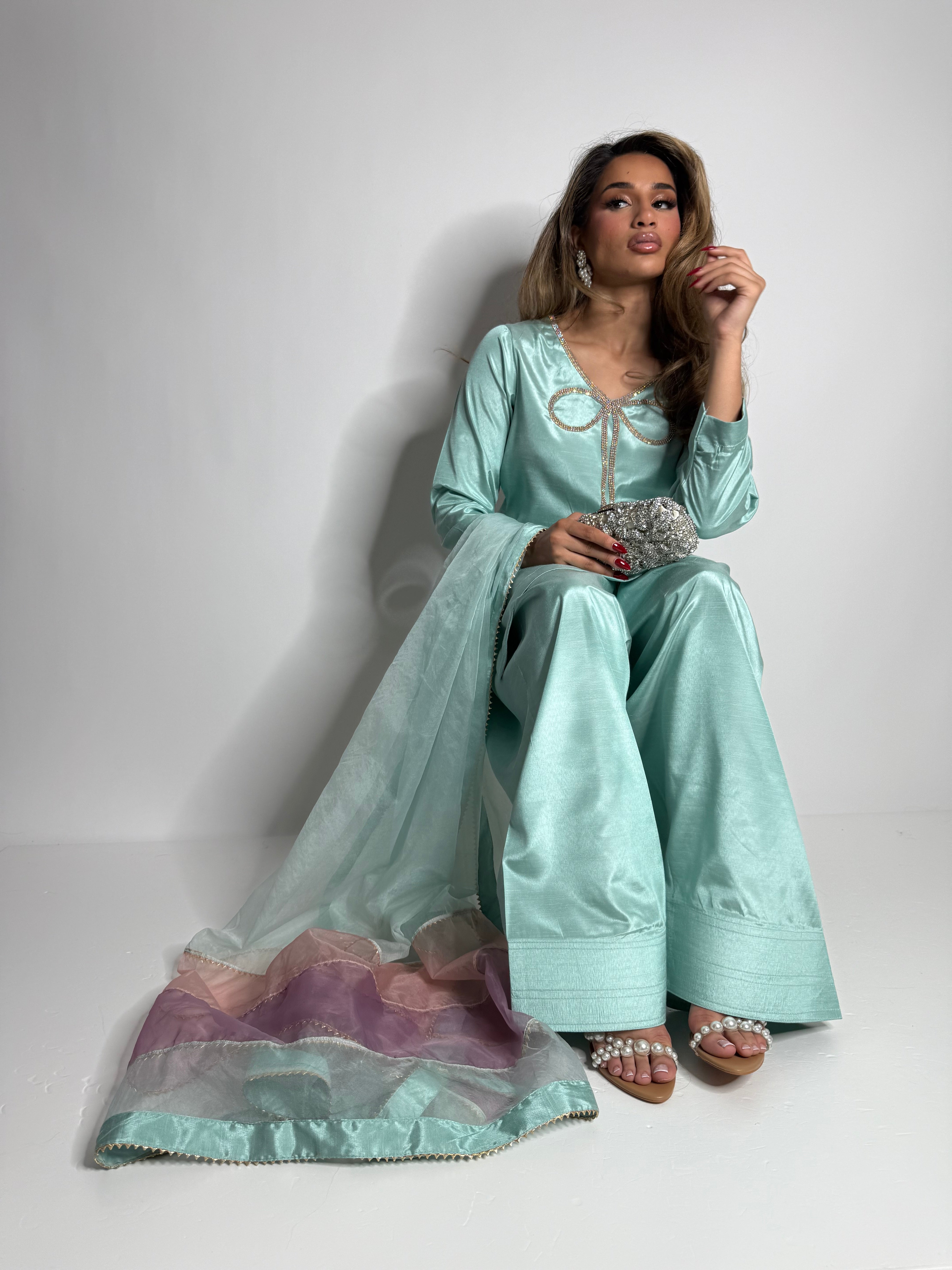 Modern Farshi shalwar Pakistani outfit UK styled for wedding and formal occasions