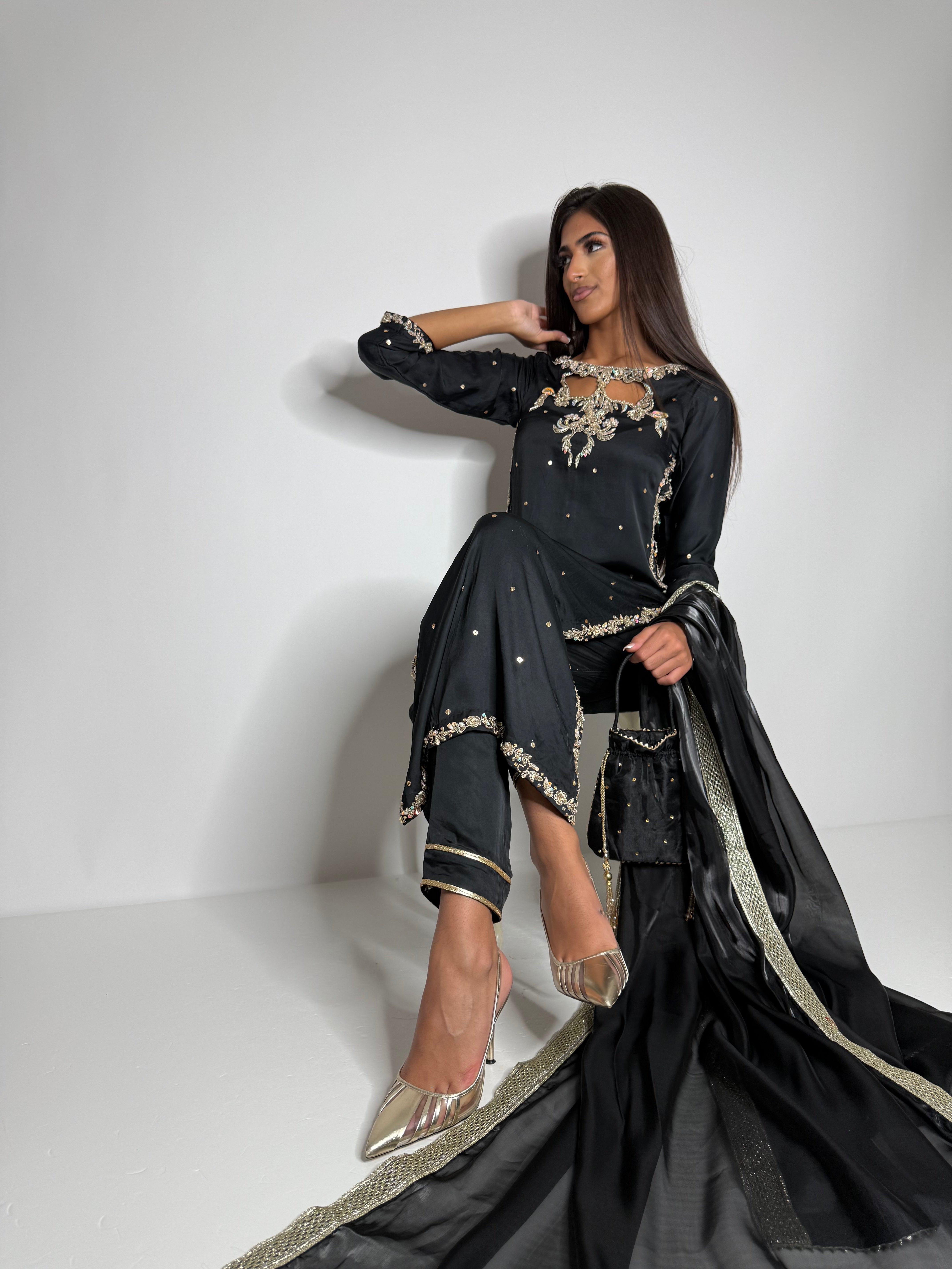Pakistani partywear UK featuring embroidered formal wedding guest suit with modest silhouette by Ameliyana Origins