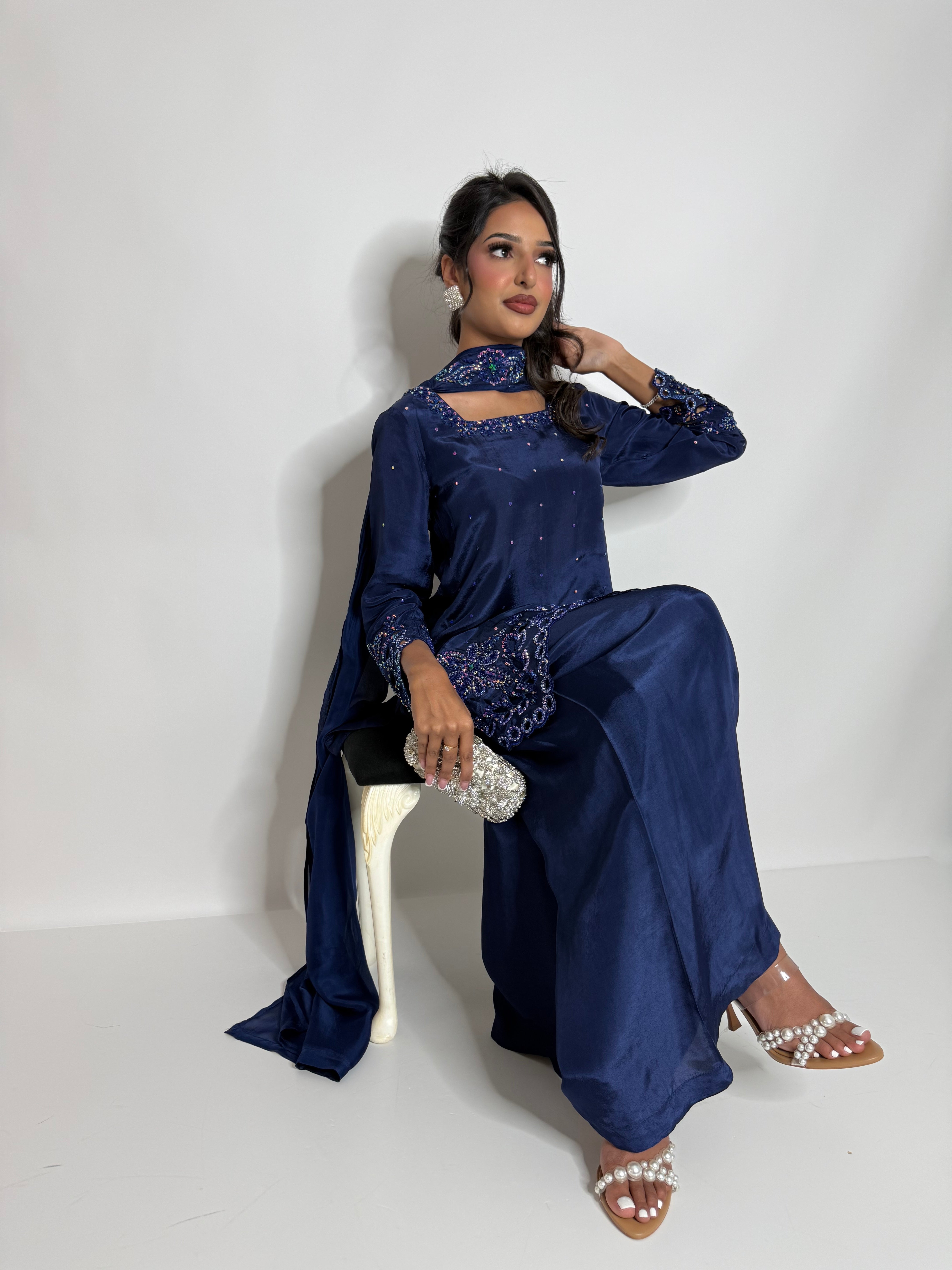 ZARMINA | Luxury Pakistani Navy Silk Sharara Suit UK | Wedding Guest, Eid & Formal Occasion Wear