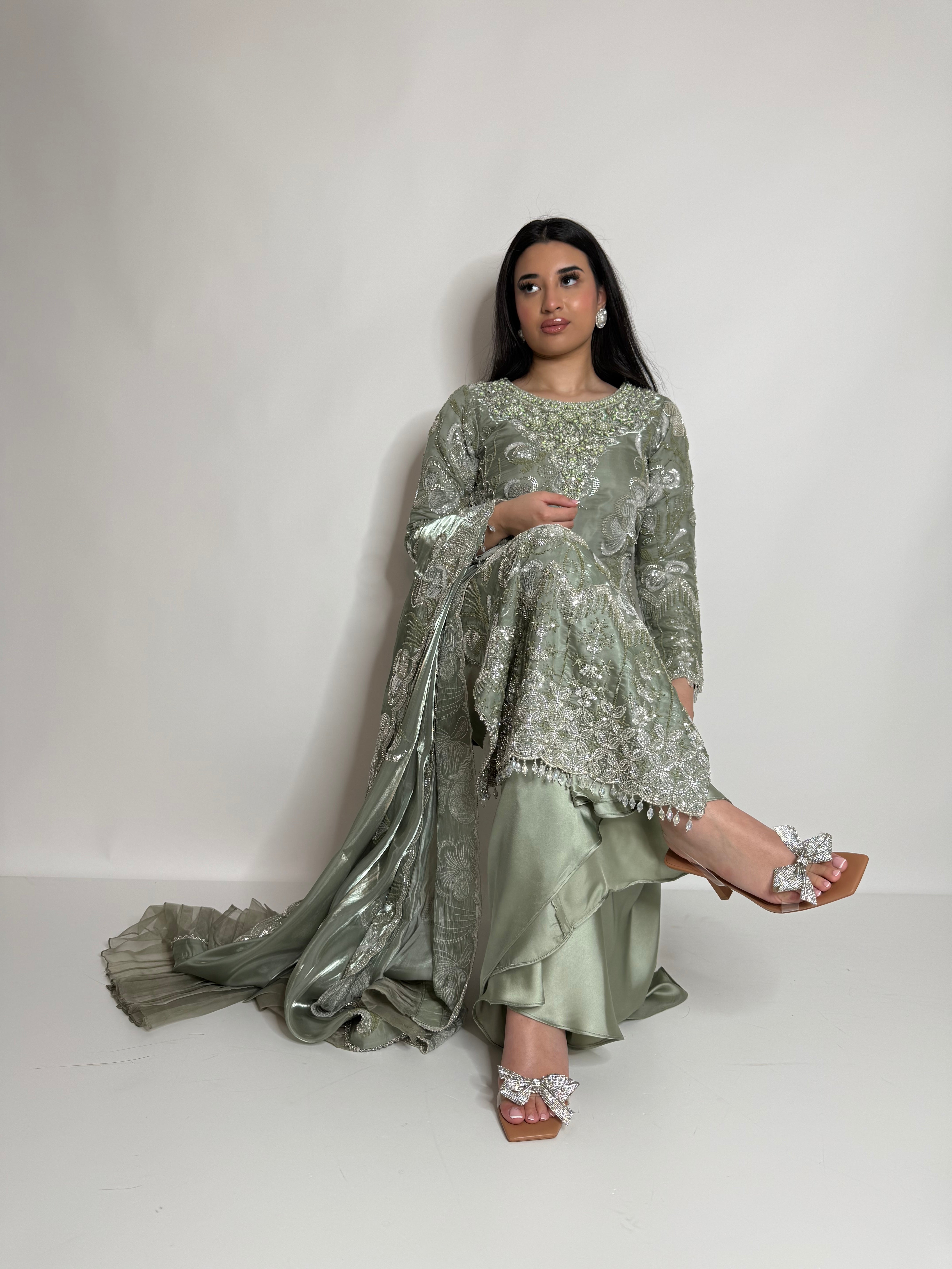 SAGE GREEN SILK CUTDANA THREE PIECE SUIT UK | THE LYSENNE