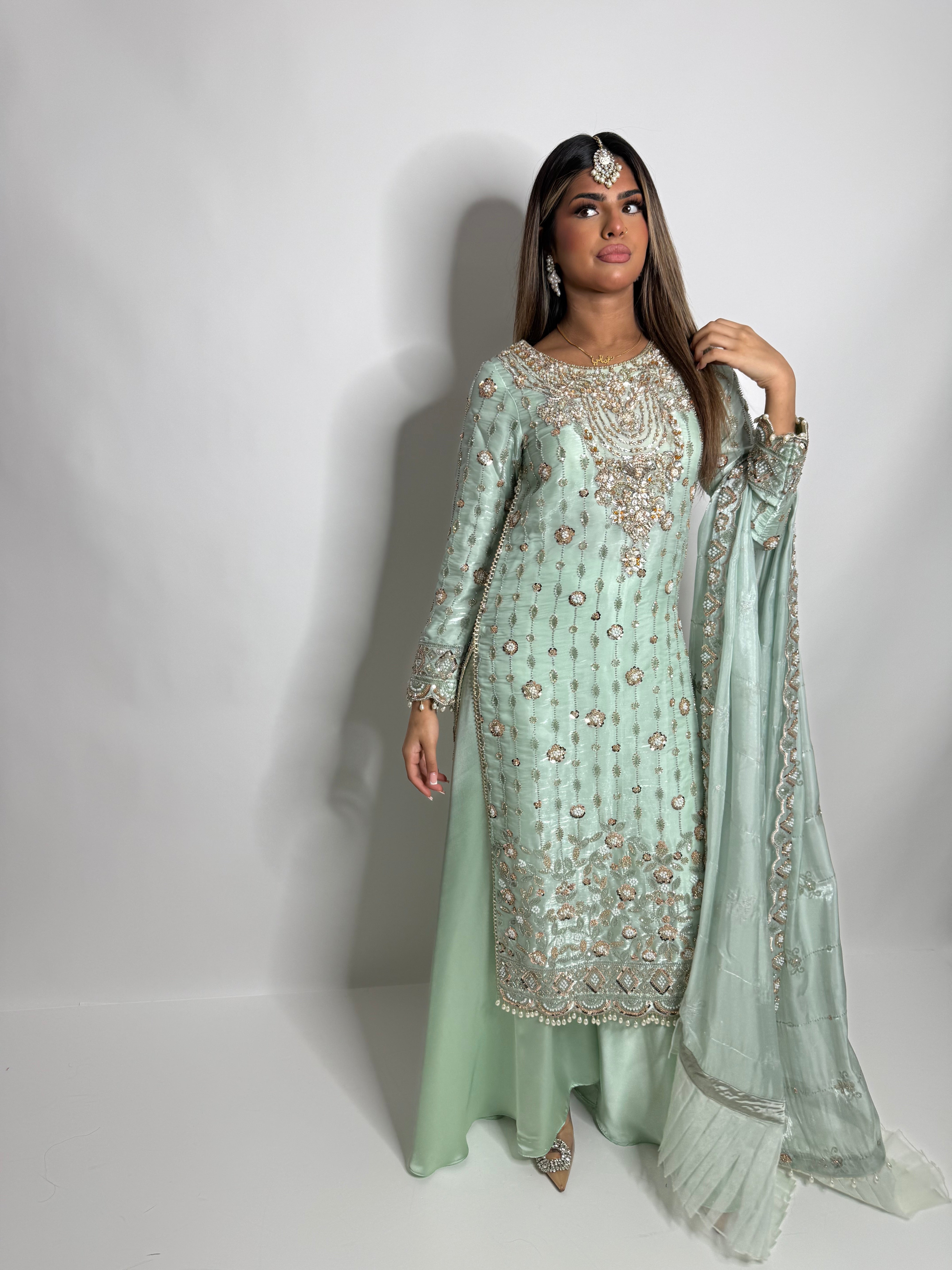 Parizay | Luxury Pakistani Mint Hand Embroidered Silk Sharara Suit UK | Eid, Wedding Guest & Party Wear