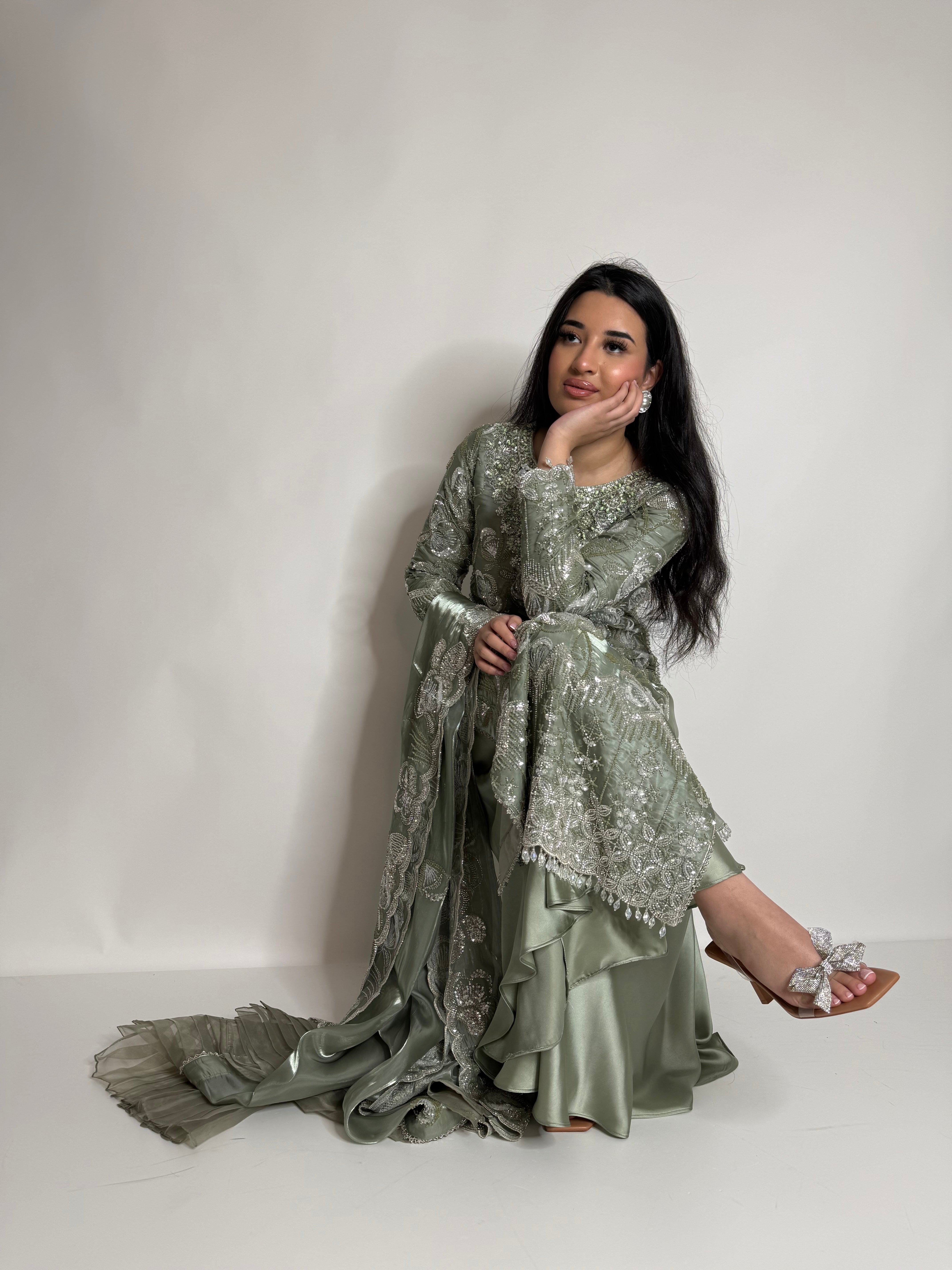 SAGE GREEN SILK CUTDANA THREE PIECE SUIT UK | THE LYSENNE