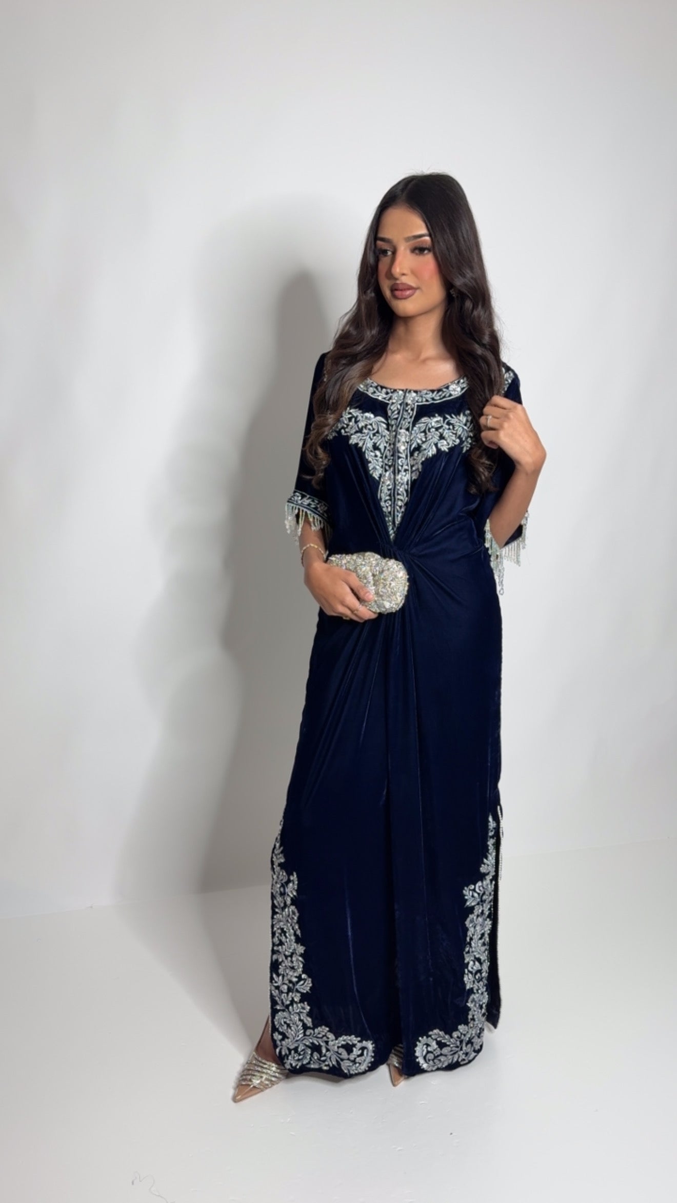 Navy Micro Velvet Kaftan Three-Piece Suit UK | THE AZURÉLLE