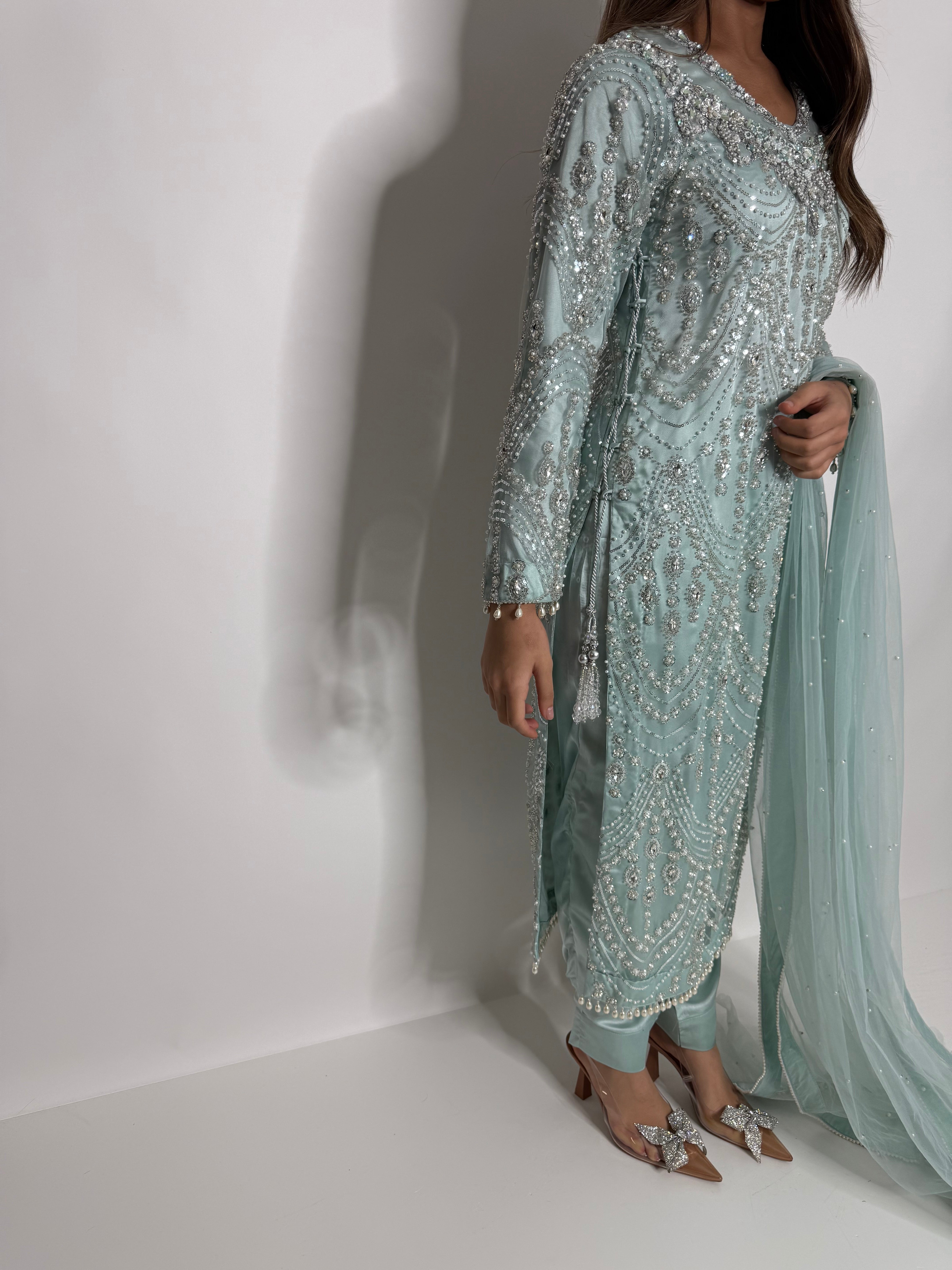 Celadon Cutdana Three Piece Suit UK | The Ismeria