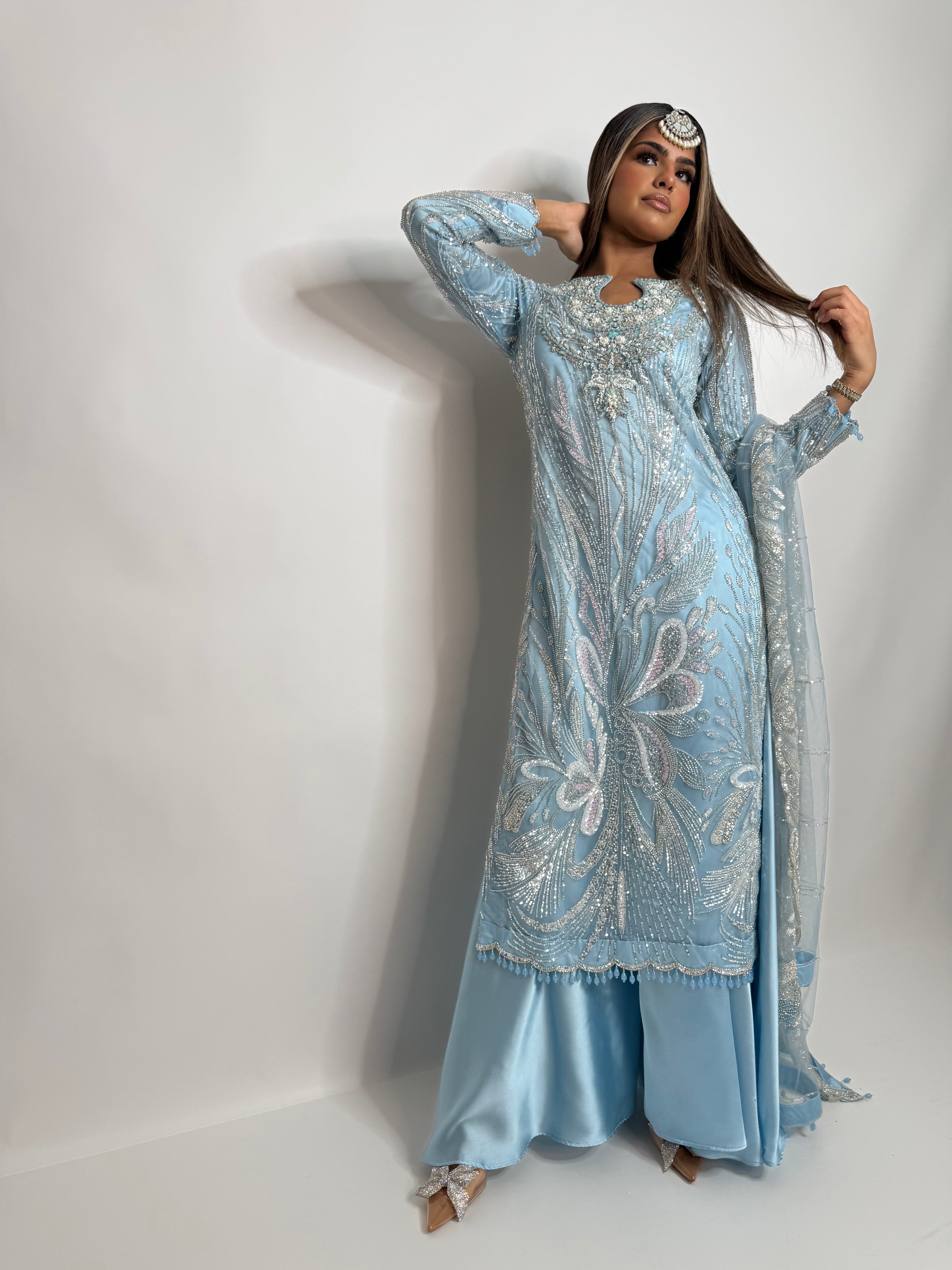 Ice Blue Cutdana Sharara Three Piece Suit UK | The Orlienne
