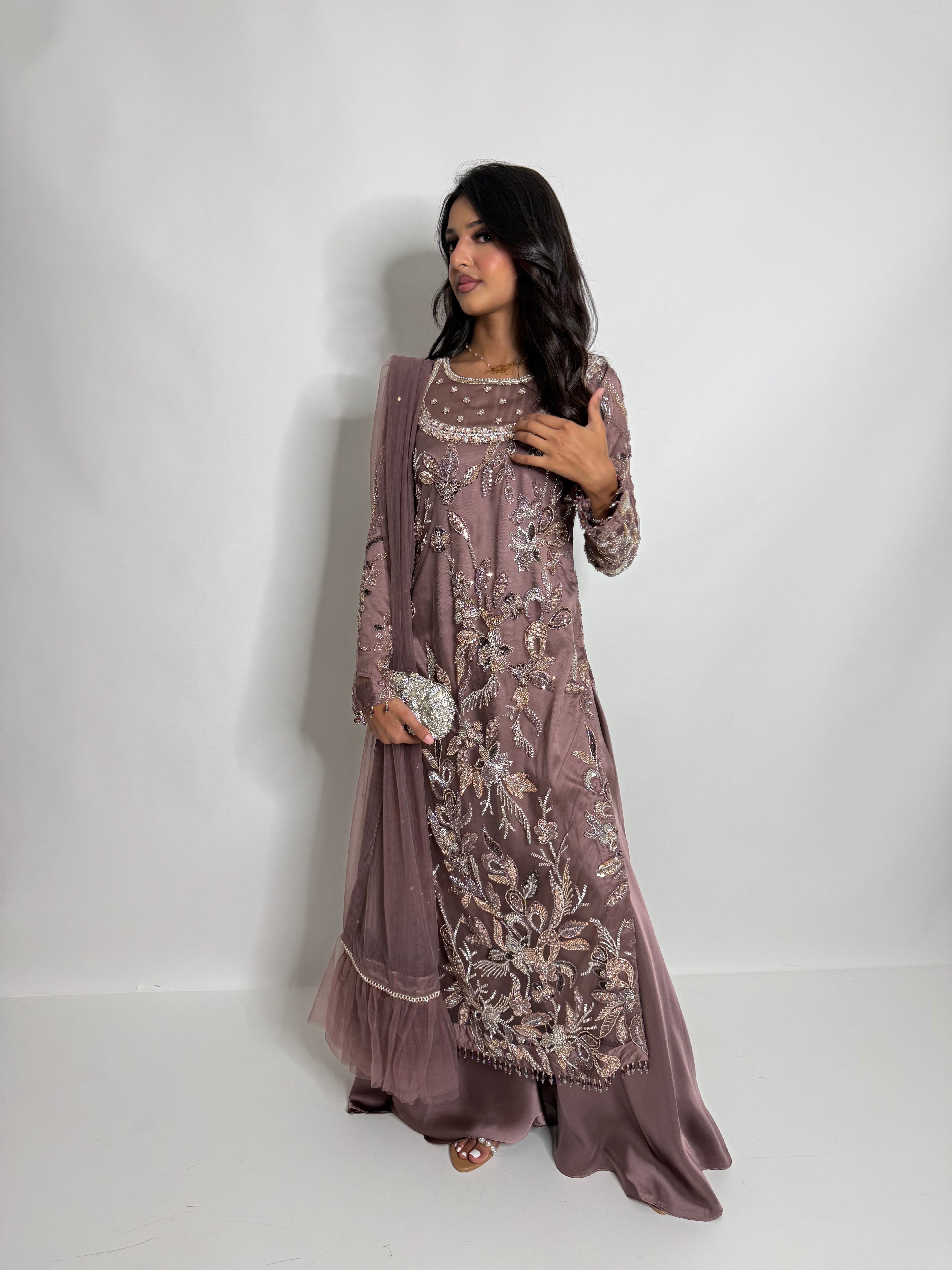 Noorzeba | Luxury Pakistani Cutdana Hand Embroidered Silk Sharara Suit UK | Wedding Guest, Eid & Party Wear