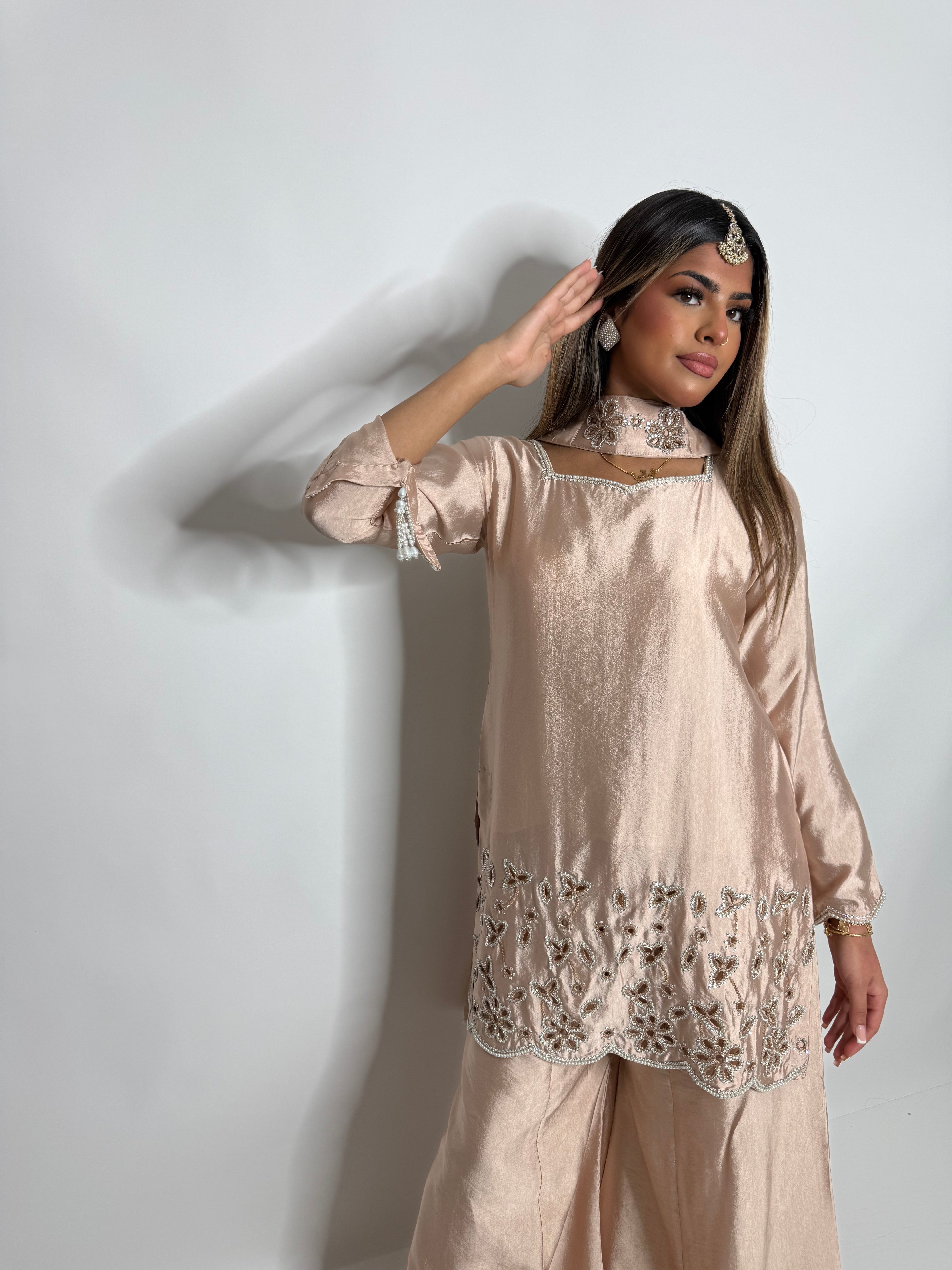 Zehra-Noor | Luxury Pakistani Blush Silk Sharara Suit UK | Y2K Wedding Guest & Eid Occasion Wear