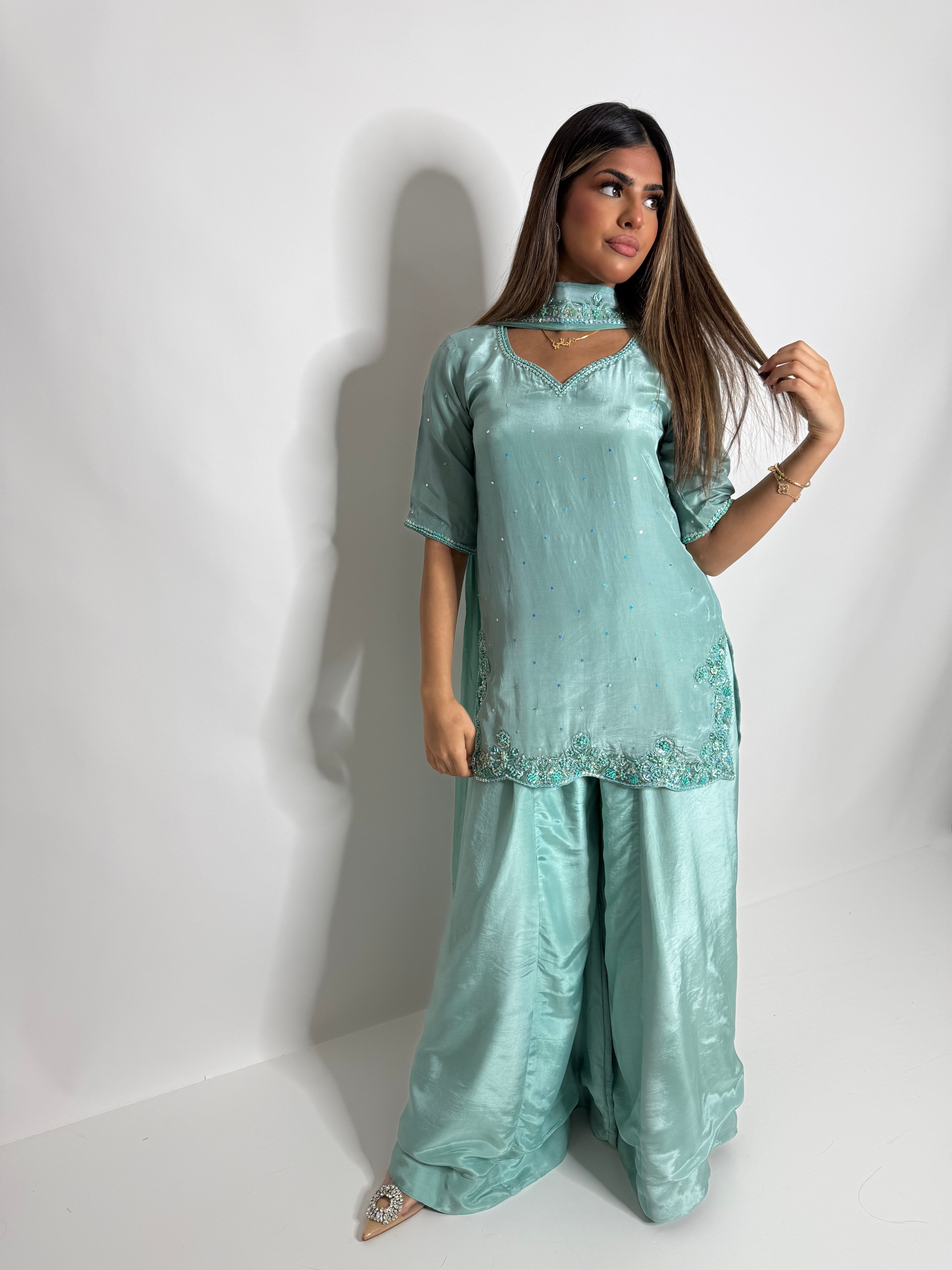 Hooré | Pakistani Mint Silk Sharara Suit UK | Wedding Guest, Eid & Party Wear