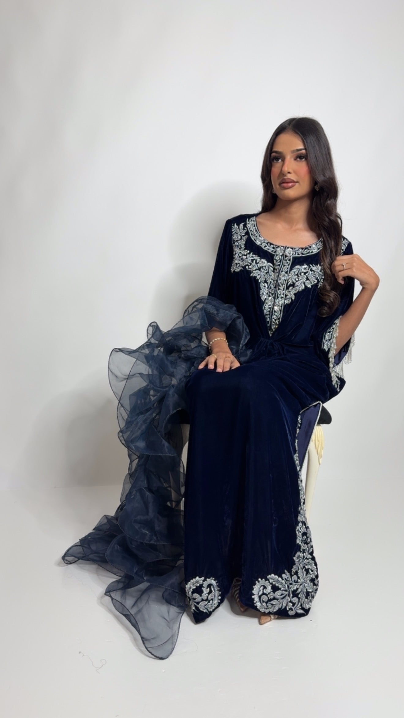 Navy Micro Velvet Kaftan Three-Piece Suit UK | THE AZURÉLLE