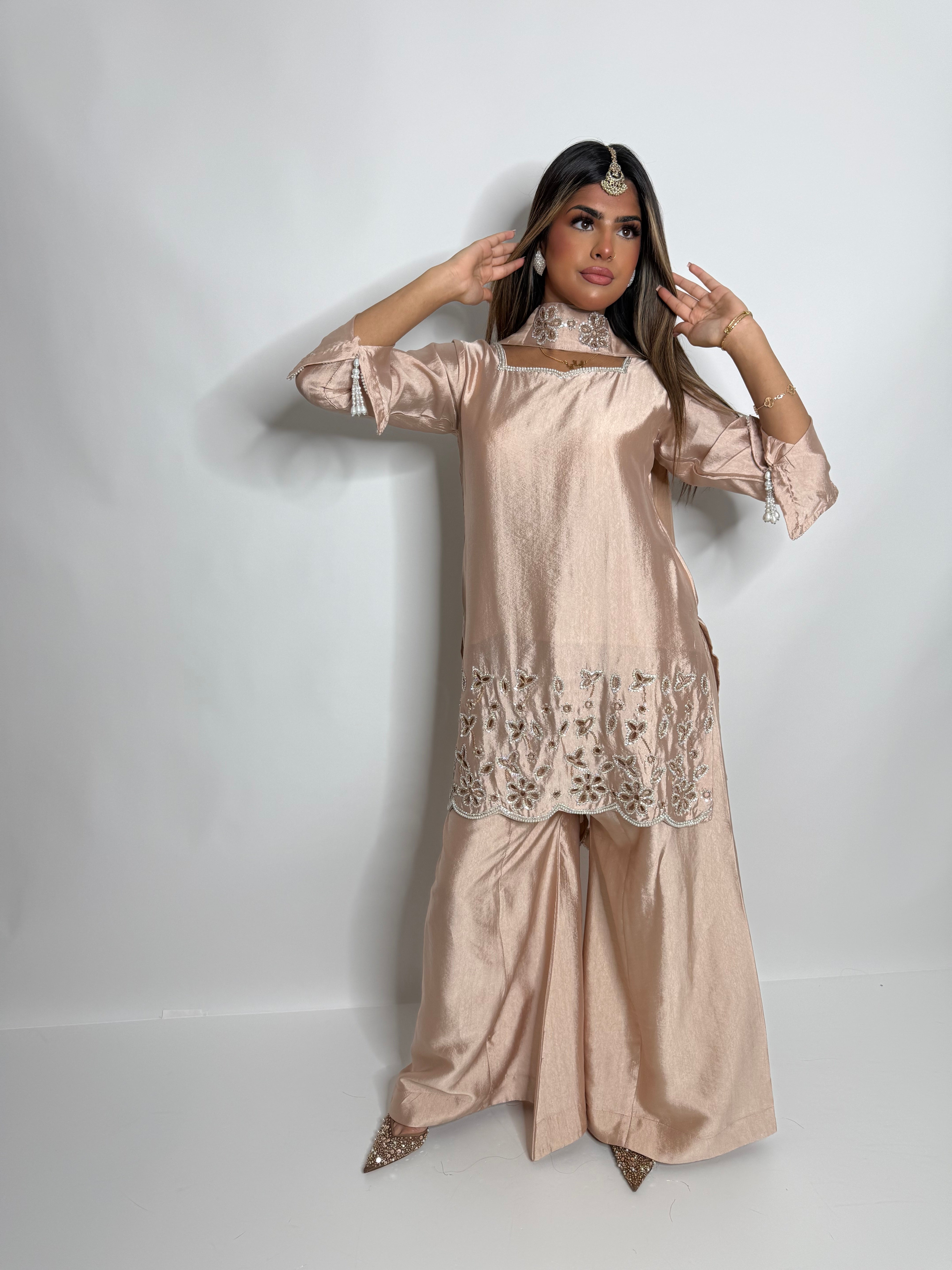 Zehra-Noor | Luxury Pakistani Blush Silk Sharara Suit UK | Y2K Wedding Guest & Eid Occasion Wear