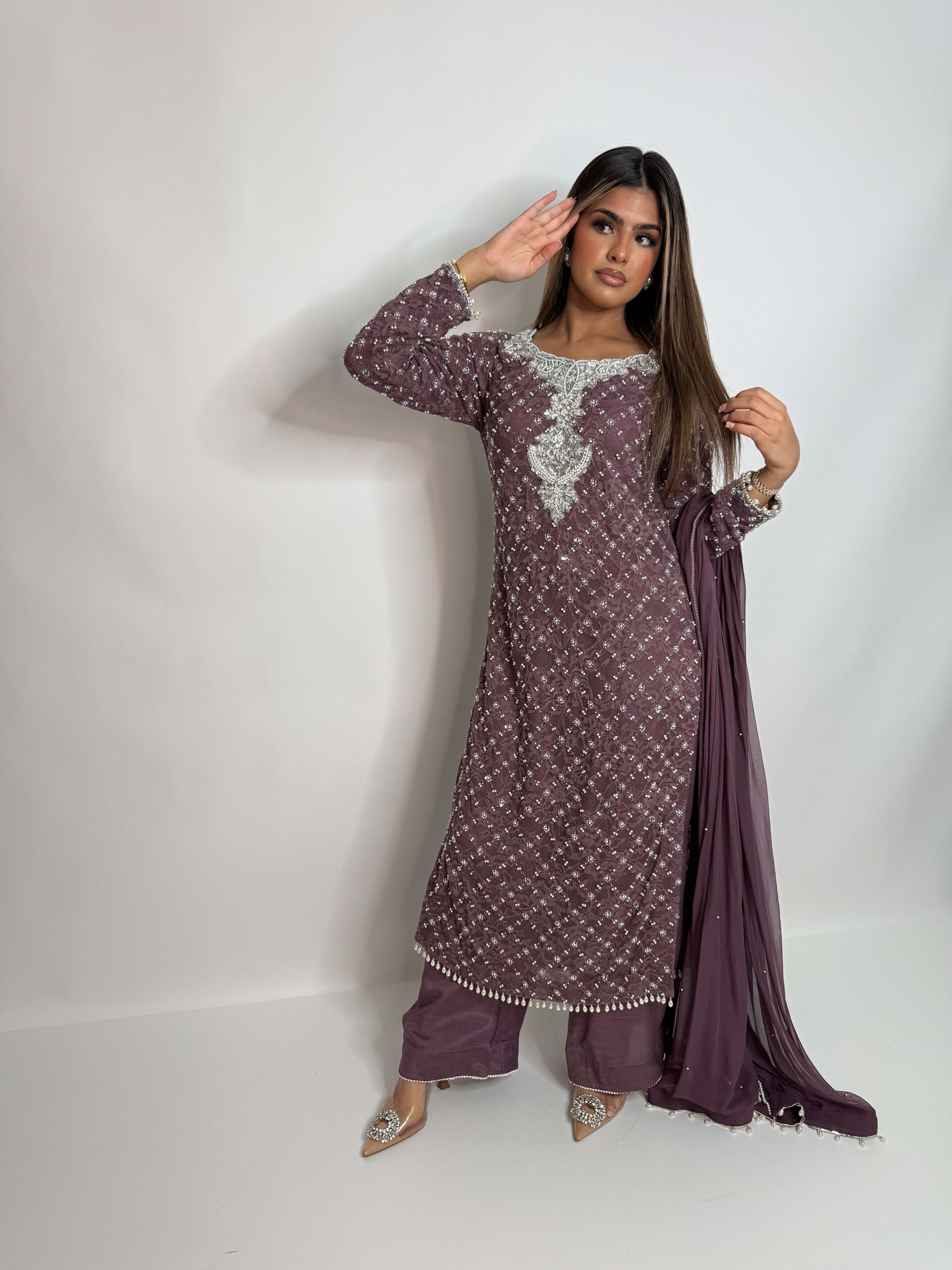 Lilac Pearl Crochet Three Piece Suit UK | The Mireya